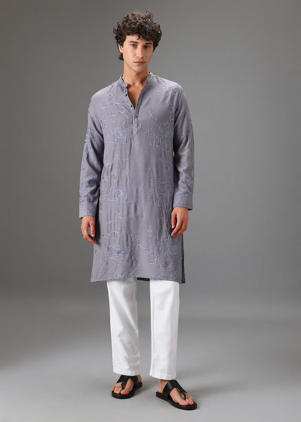 Grey Self Thread Embroidered Kurta - Image 4
