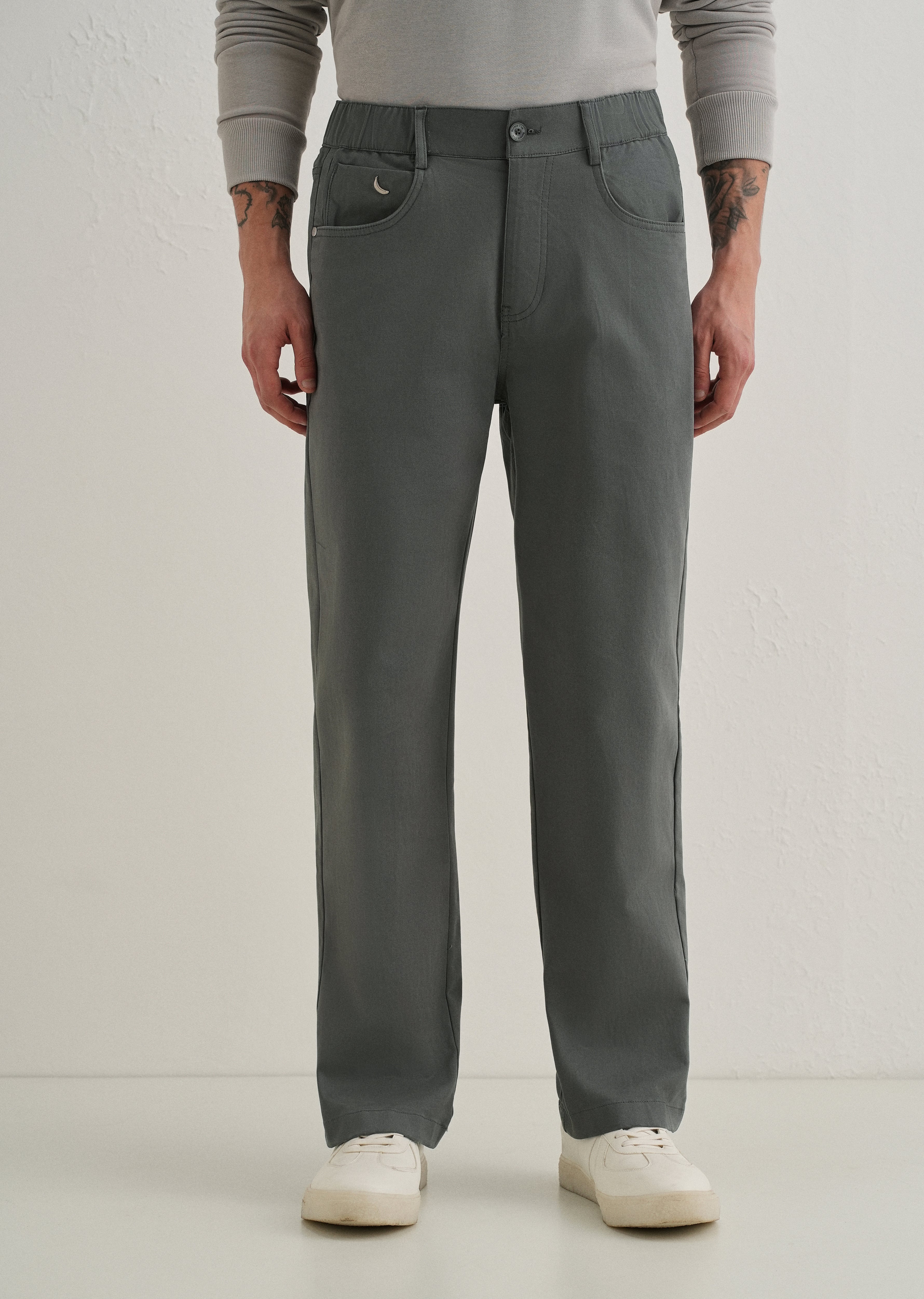 Grey Semi-Elasticated Cotton Trouser - Image 3