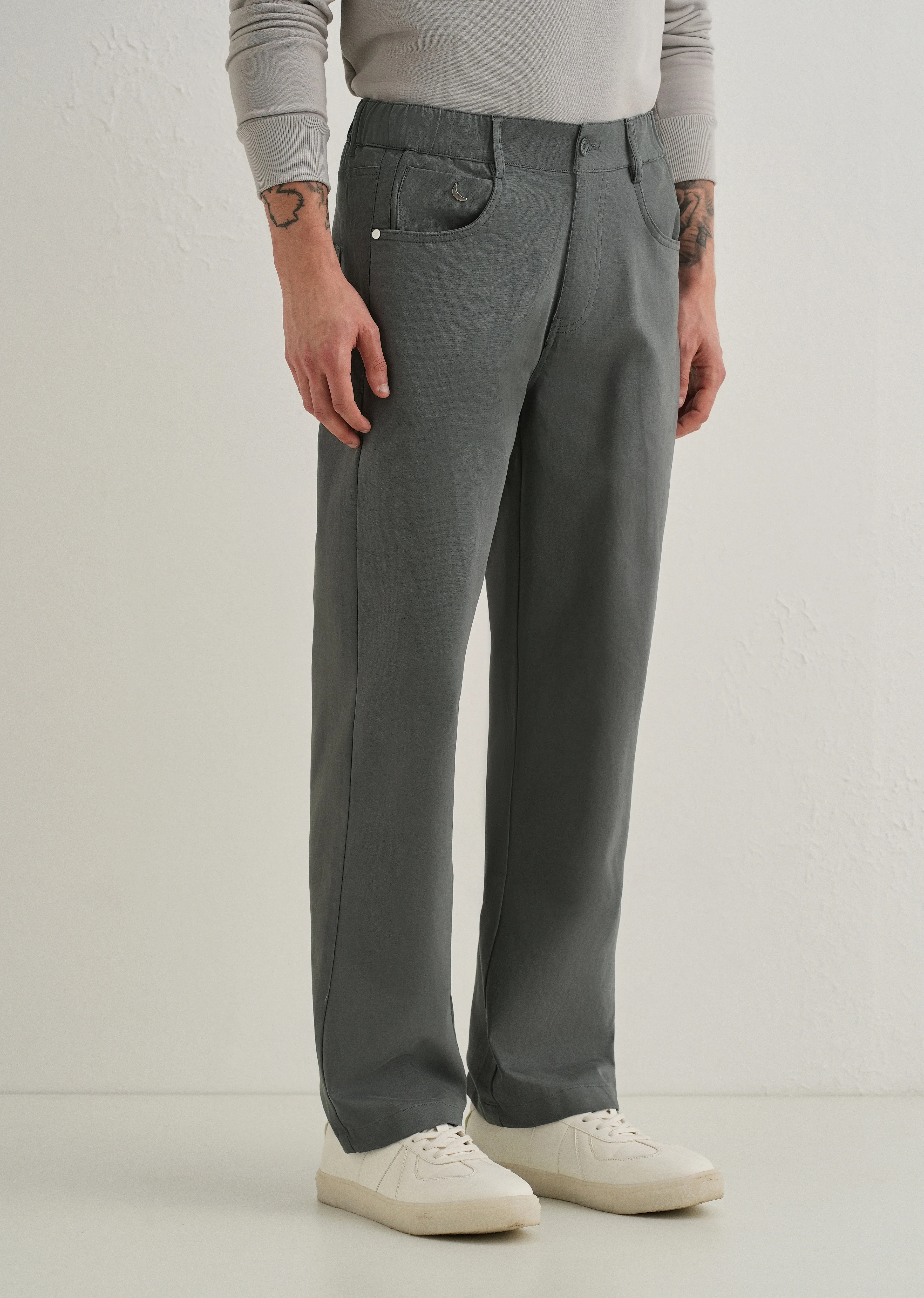 Grey Semi-Elasticated Cotton Trouser - Image 4