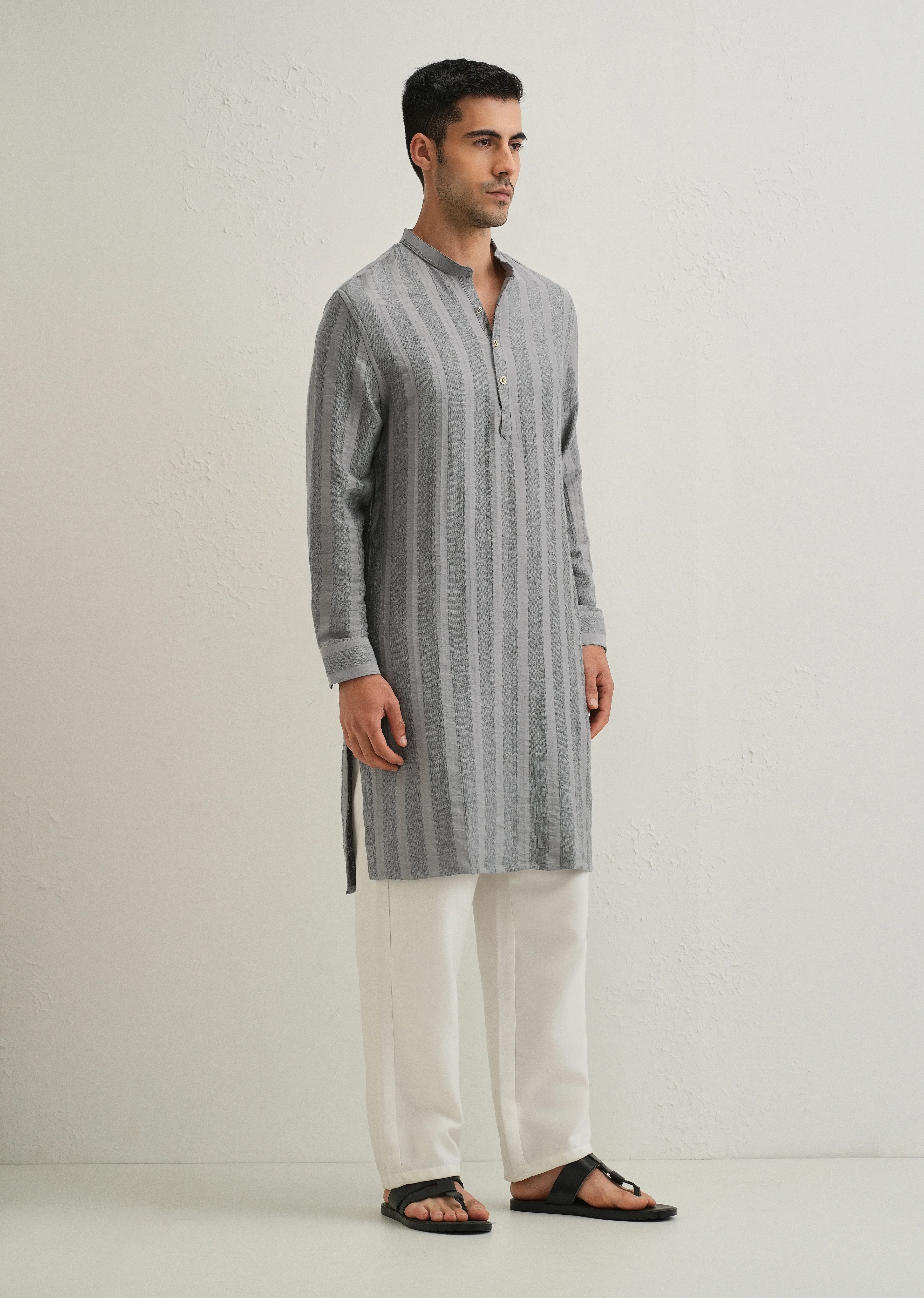 Grey Textured Vertical Stripe Kurta - Image 6