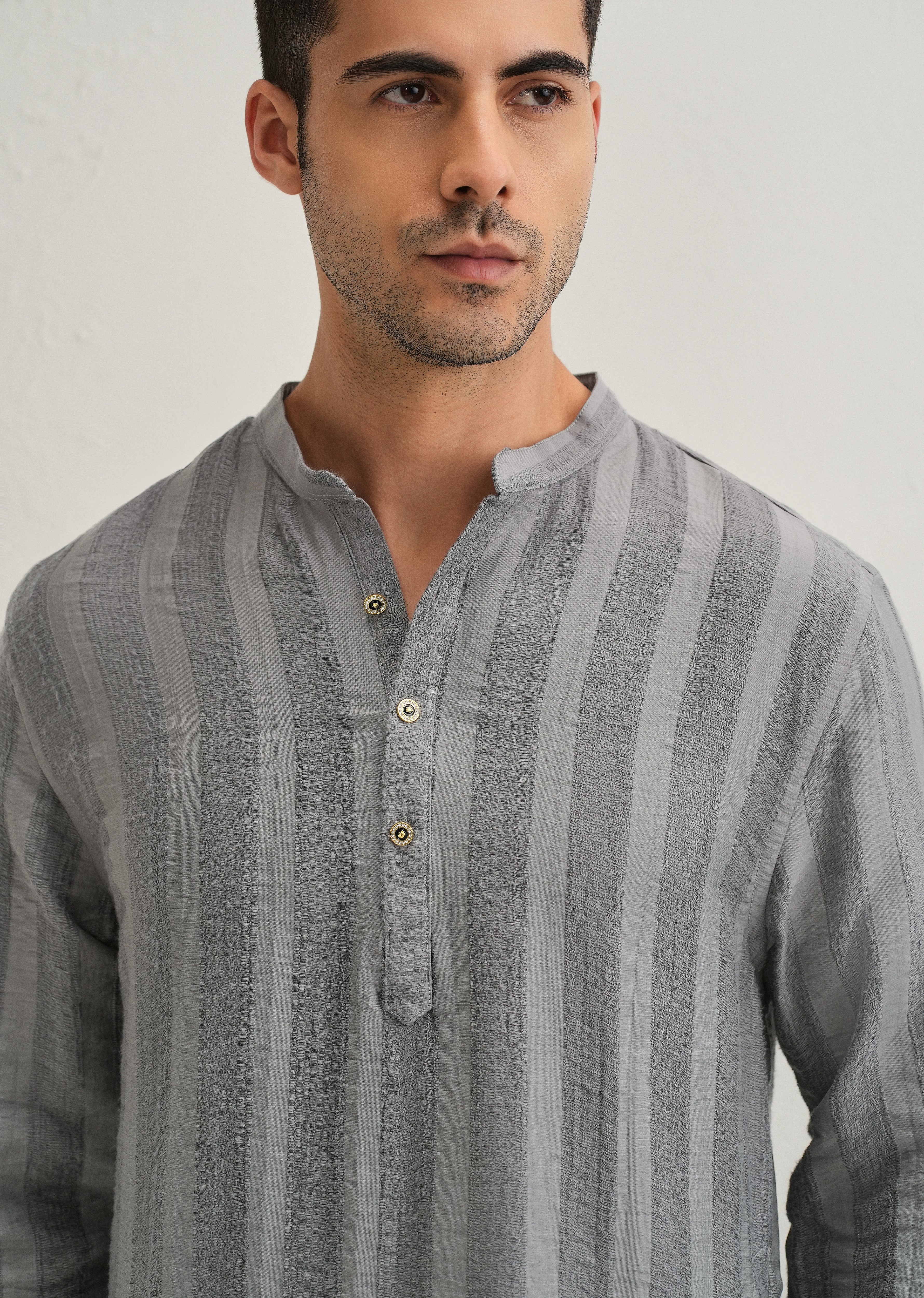 Grey Textured Vertical Stripe Kurta - Image 7