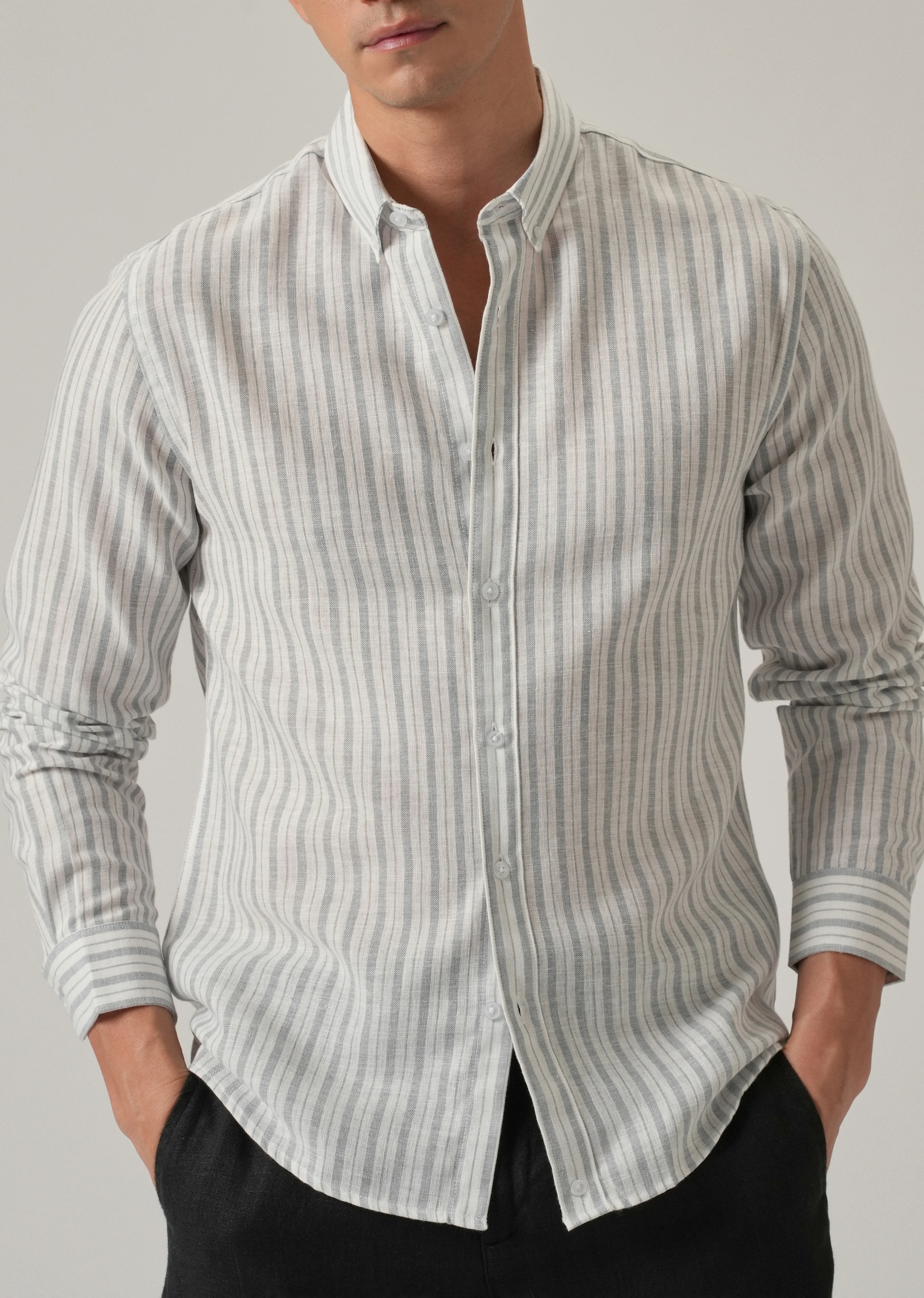 Grey Stripe Linen Shirt - Image 7