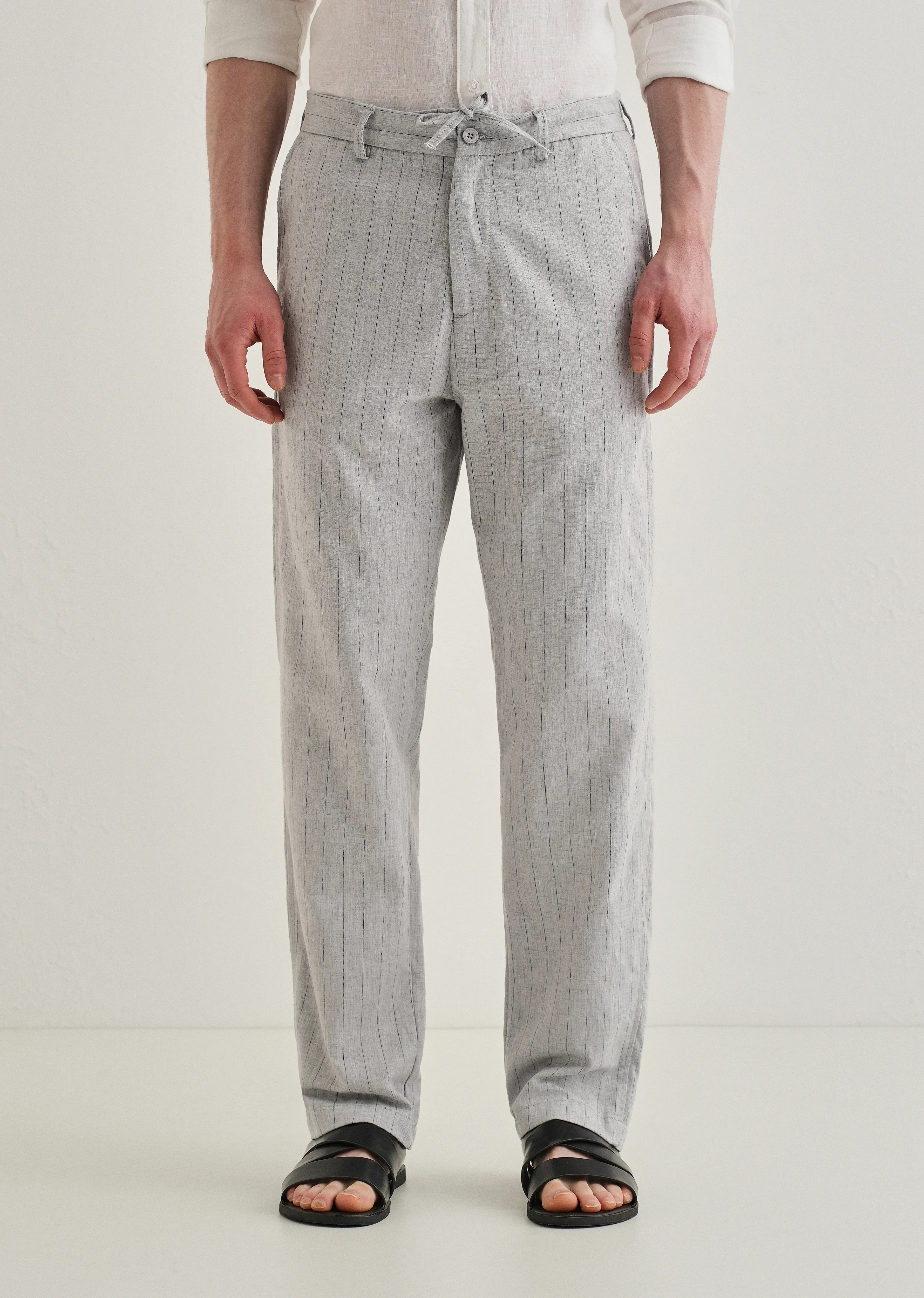 Grey Stripe Relaxed Linen Trousers - Image 3