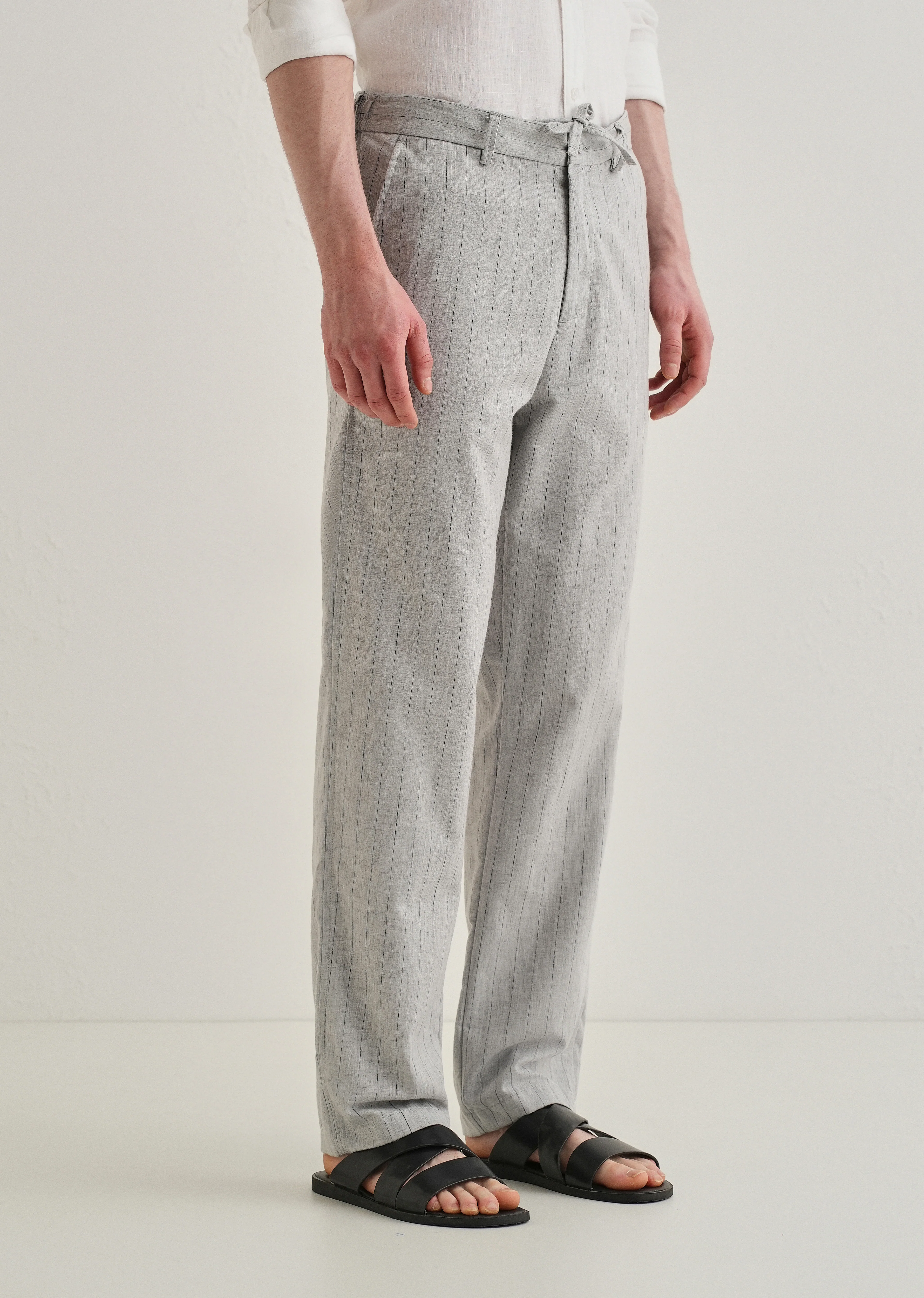 Grey Stripe Relaxed Linen Trousers - Image 4