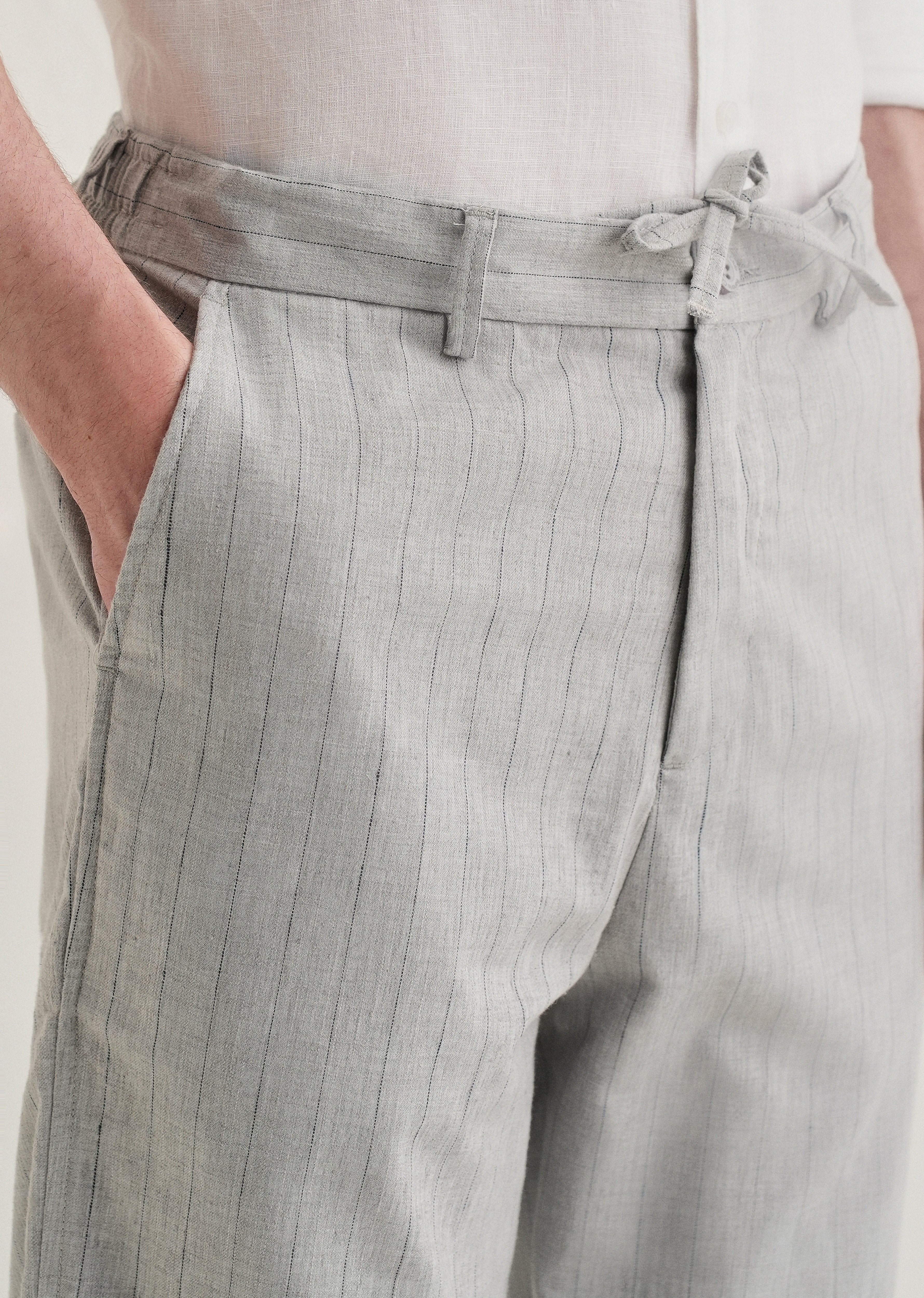 Grey Stripe Relaxed Linen Trousers - Image 5