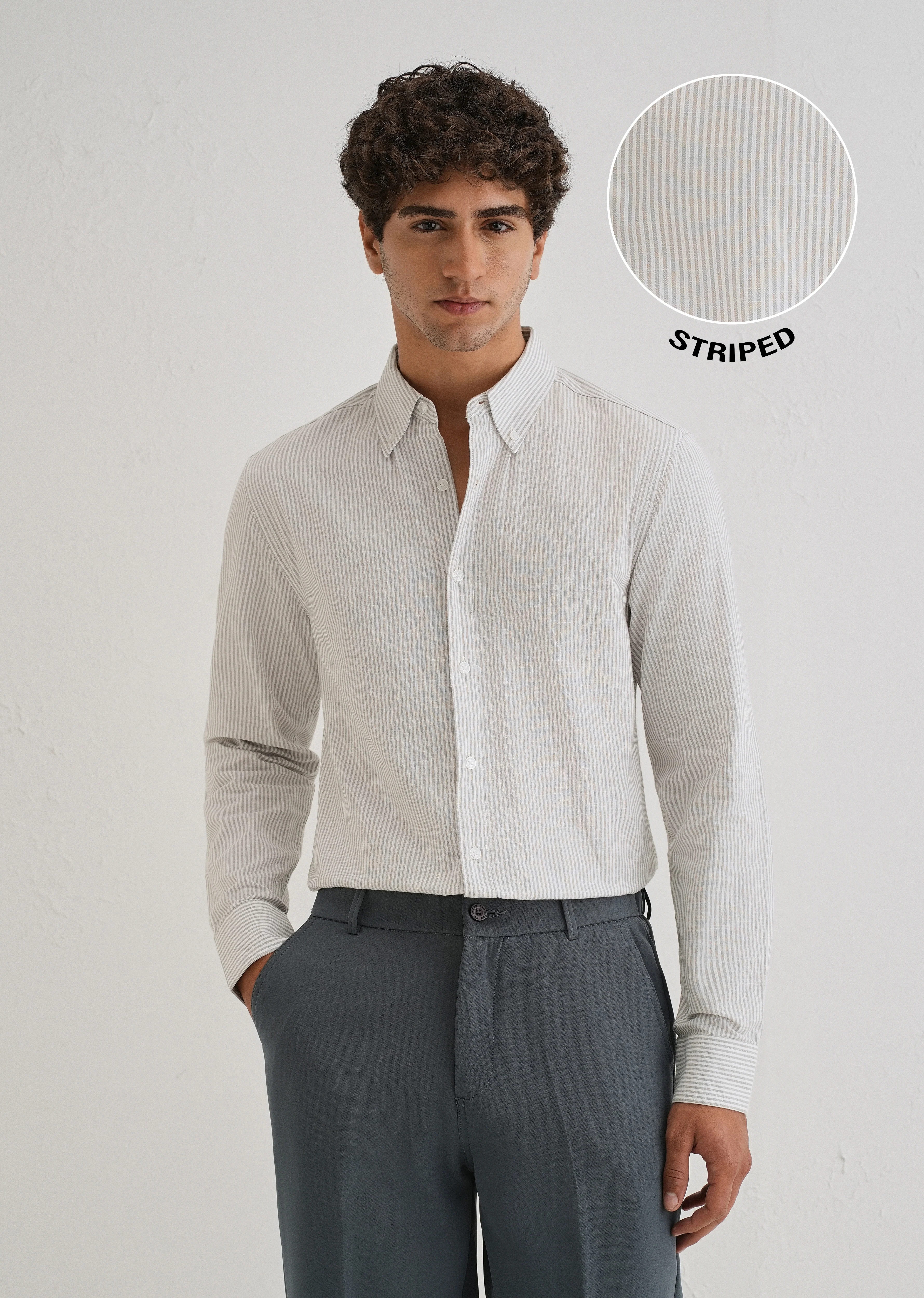 Grey Striped Cotton Linen Shirt - Image 7