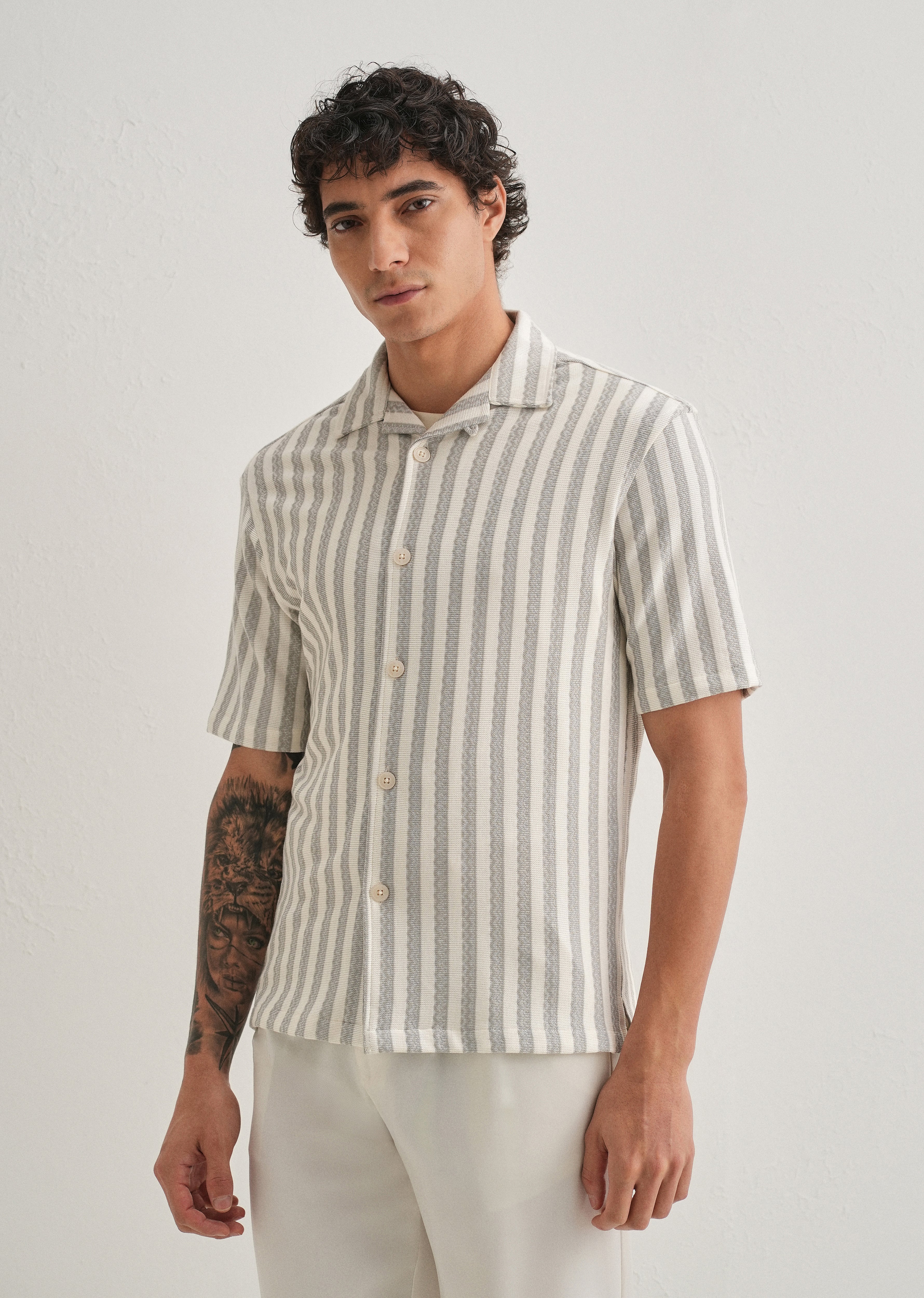 Grey Striped Knit Cuban Collar Shirt - Image 4