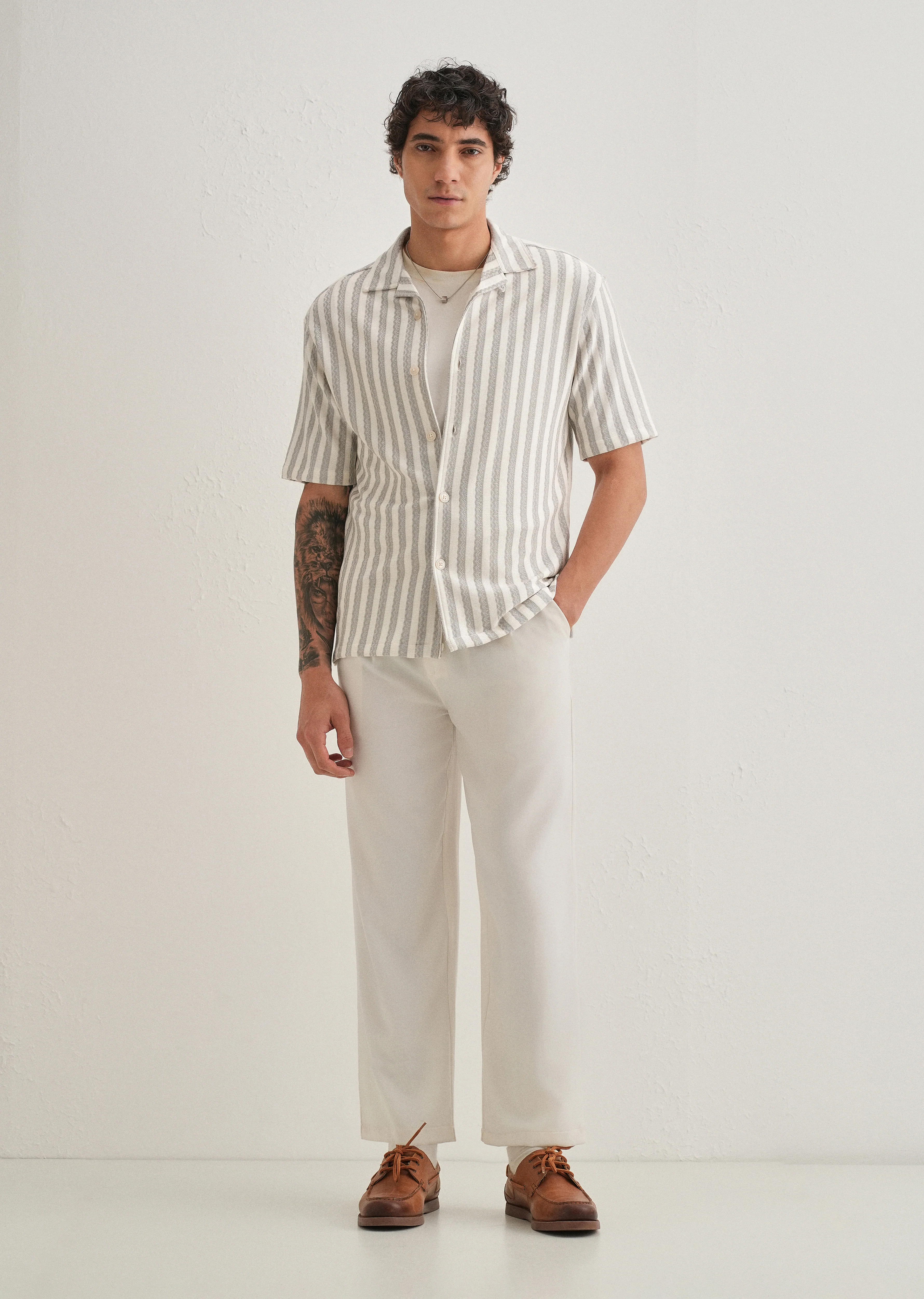 Grey Striped Knit Cuban Collar Shirt - Image 5