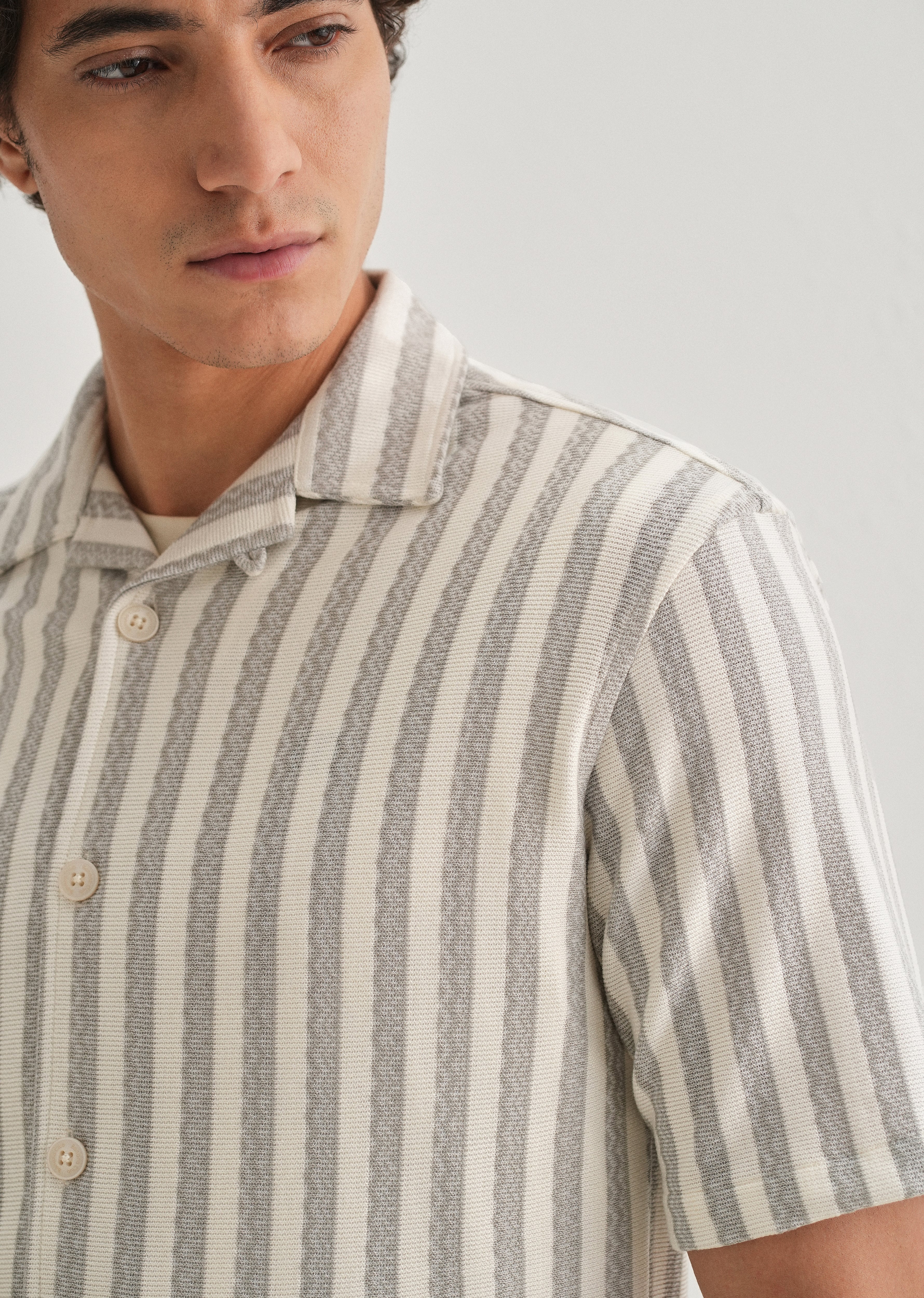 Grey Striped Knit Cuban Collar Shirt - Image 6
