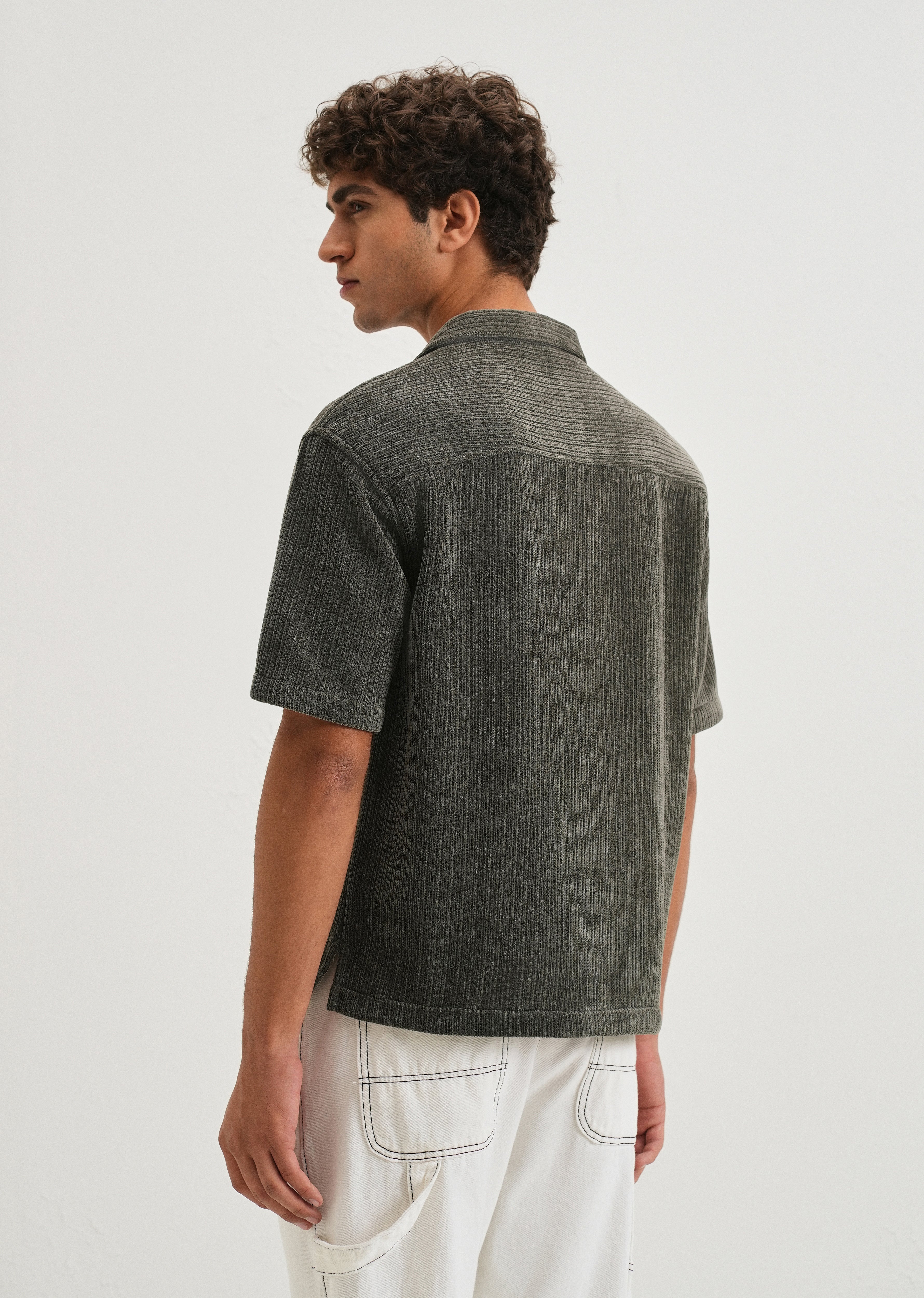 Grey Suede Knit Cuban Collar Shirt - Image 2