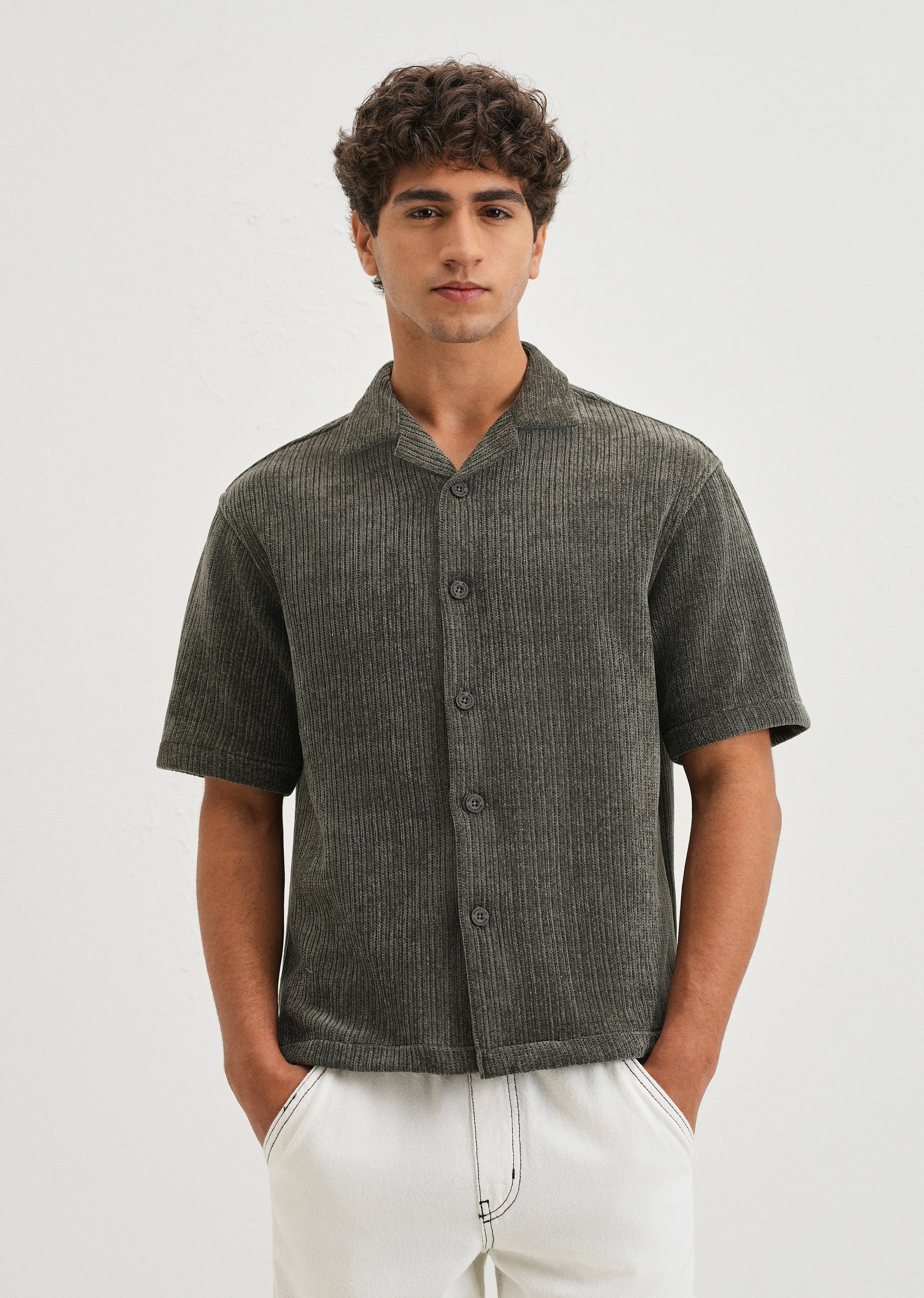 Grey Suede Knit Cuban Collar Shirt - Image 3