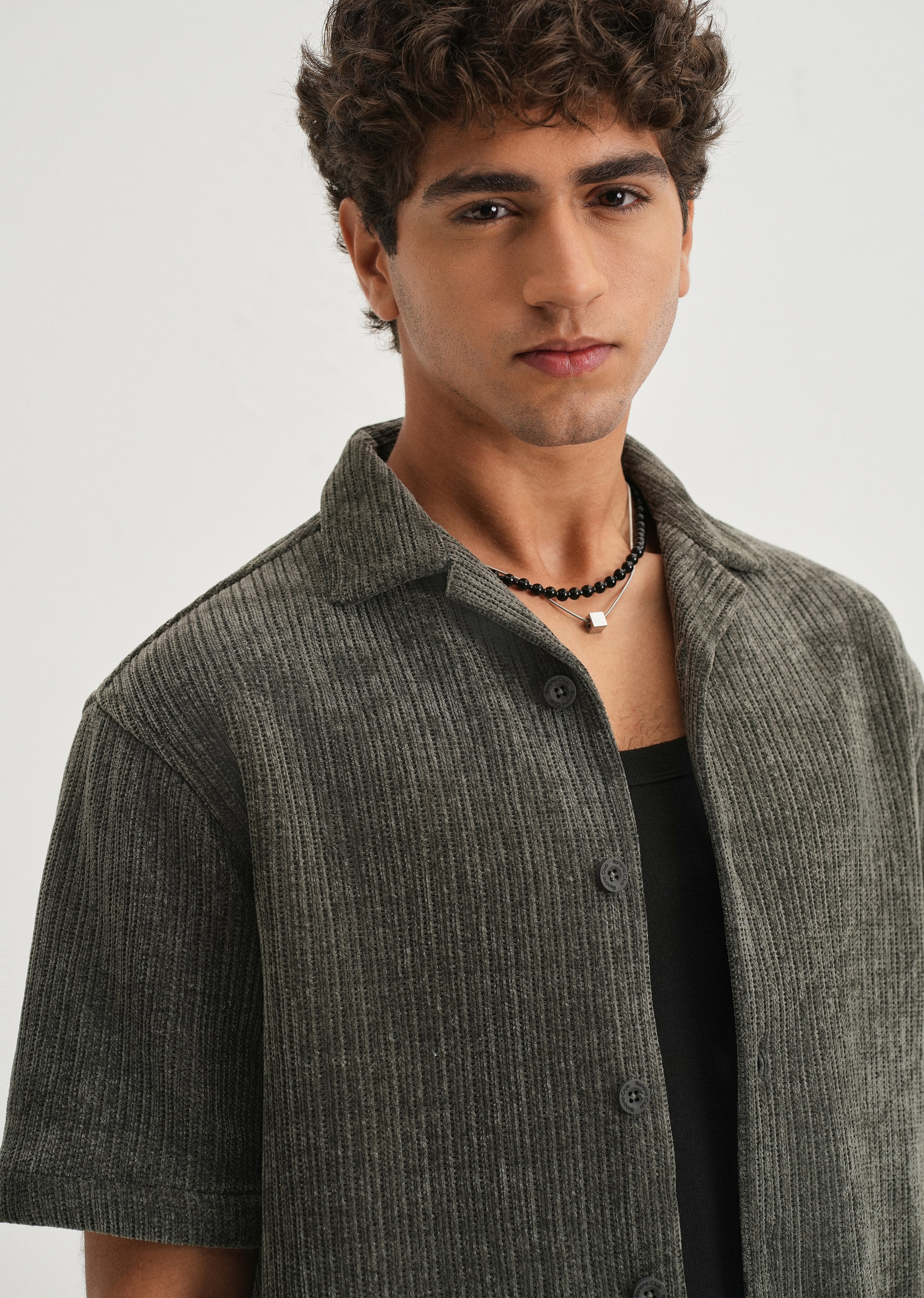 Grey Suede Knit Cuban Collar Shirt - Image 5