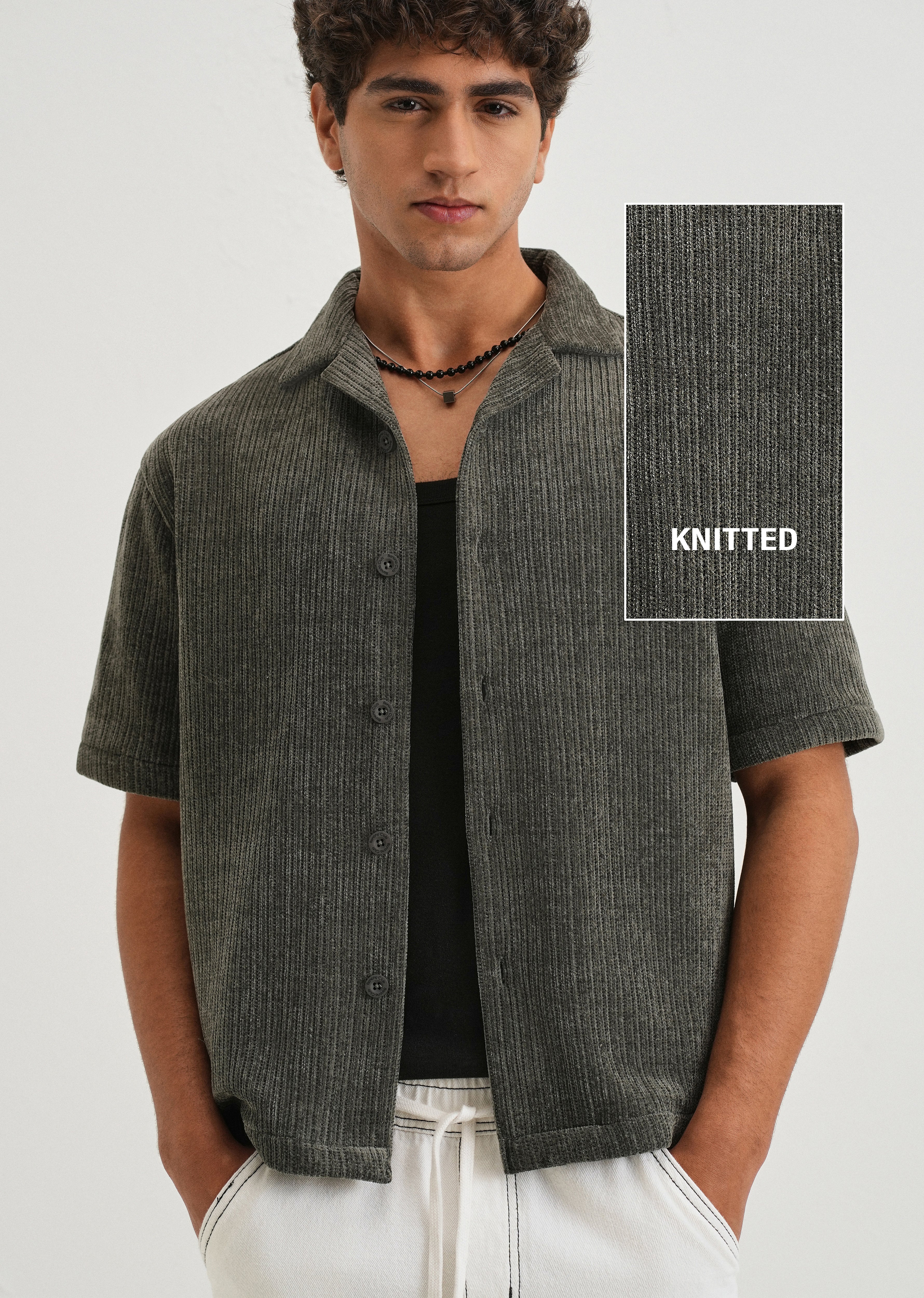 Grey Suede Knit Cuban Collar Shirt - Image 7