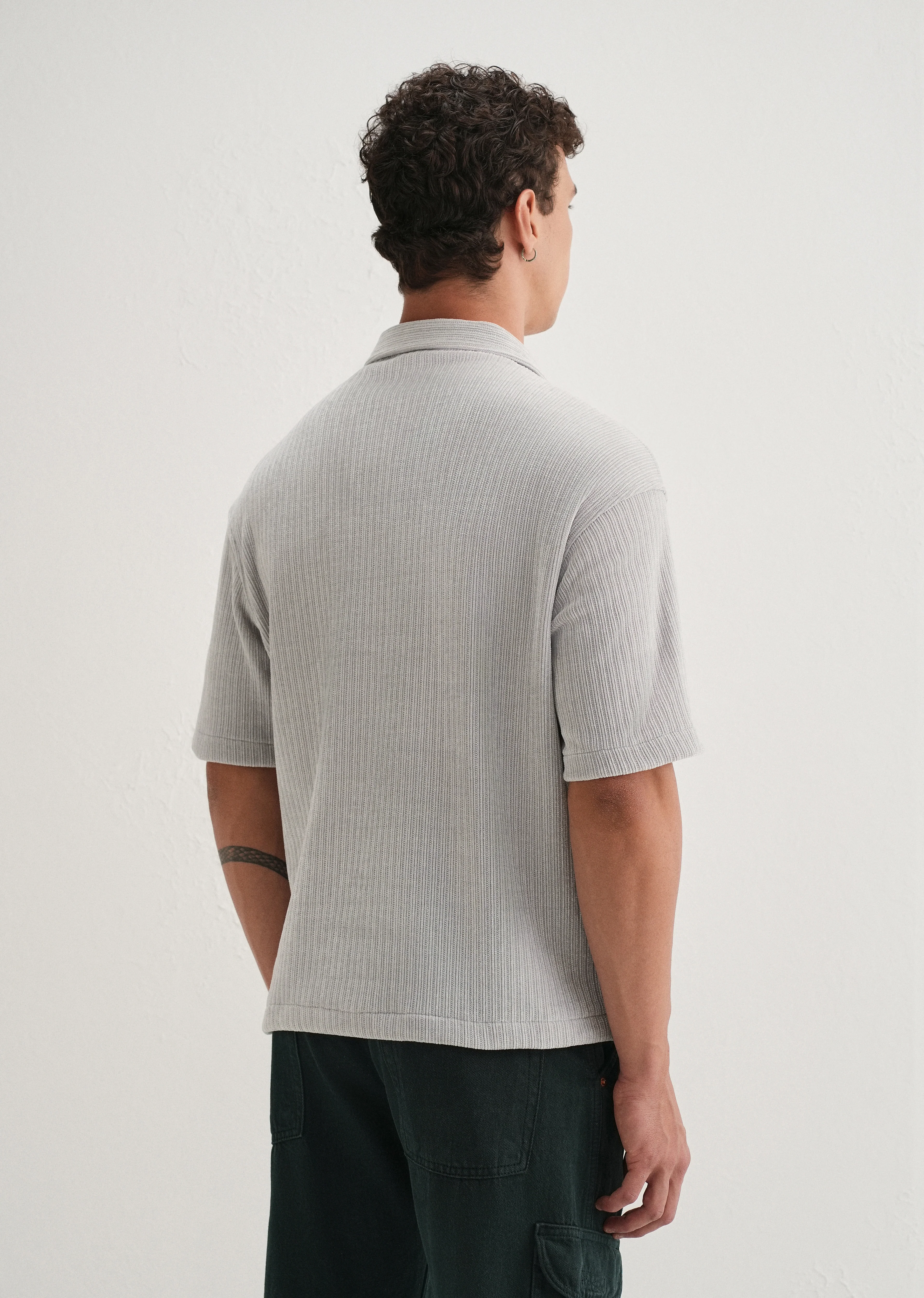 Grey Suede Knit Half Sleeve Shirt - Image 2