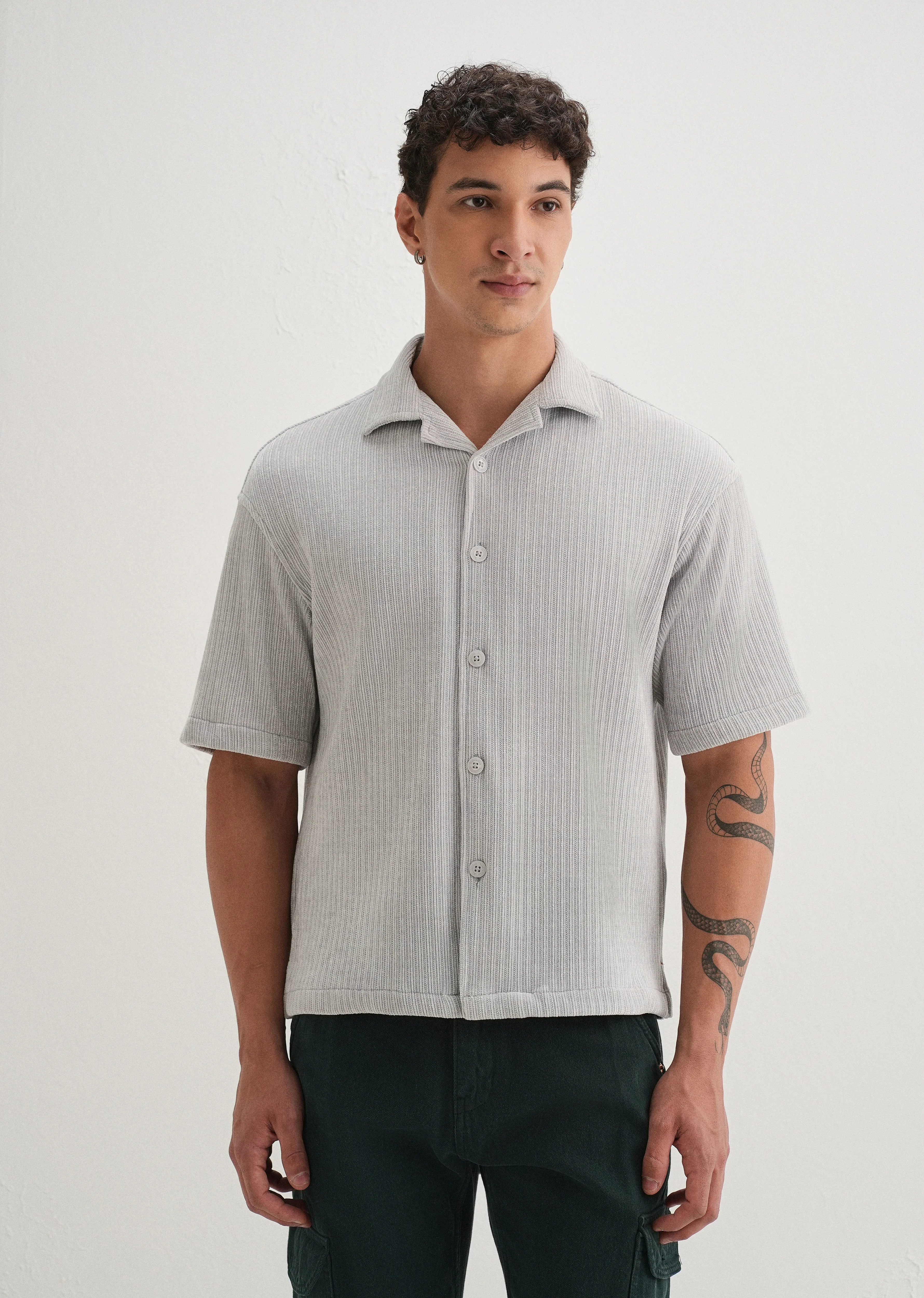 Grey Suede Knit Half Sleeve Shirt - Image 3