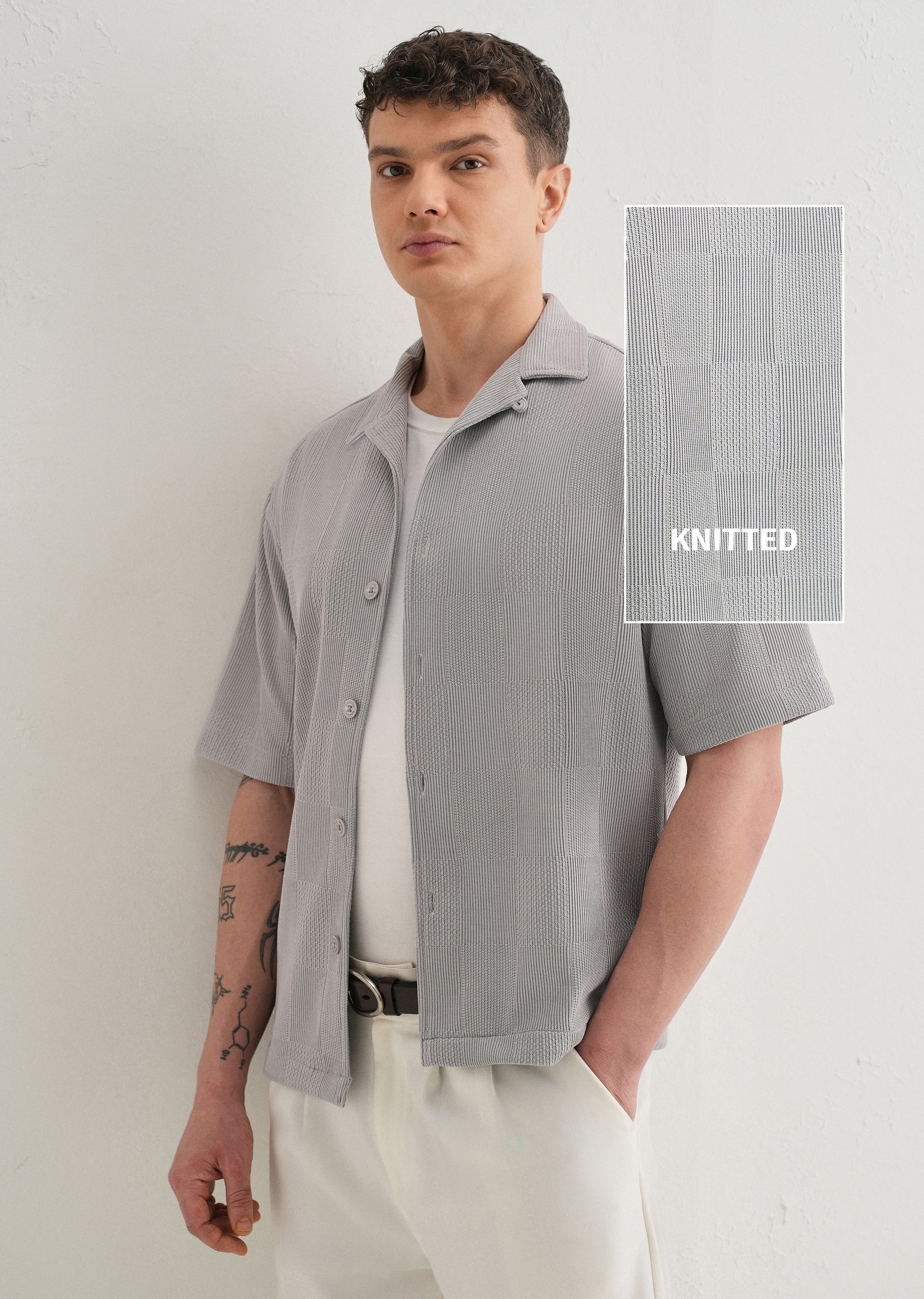 Grey Textured Check Knit Shirt - Image 7