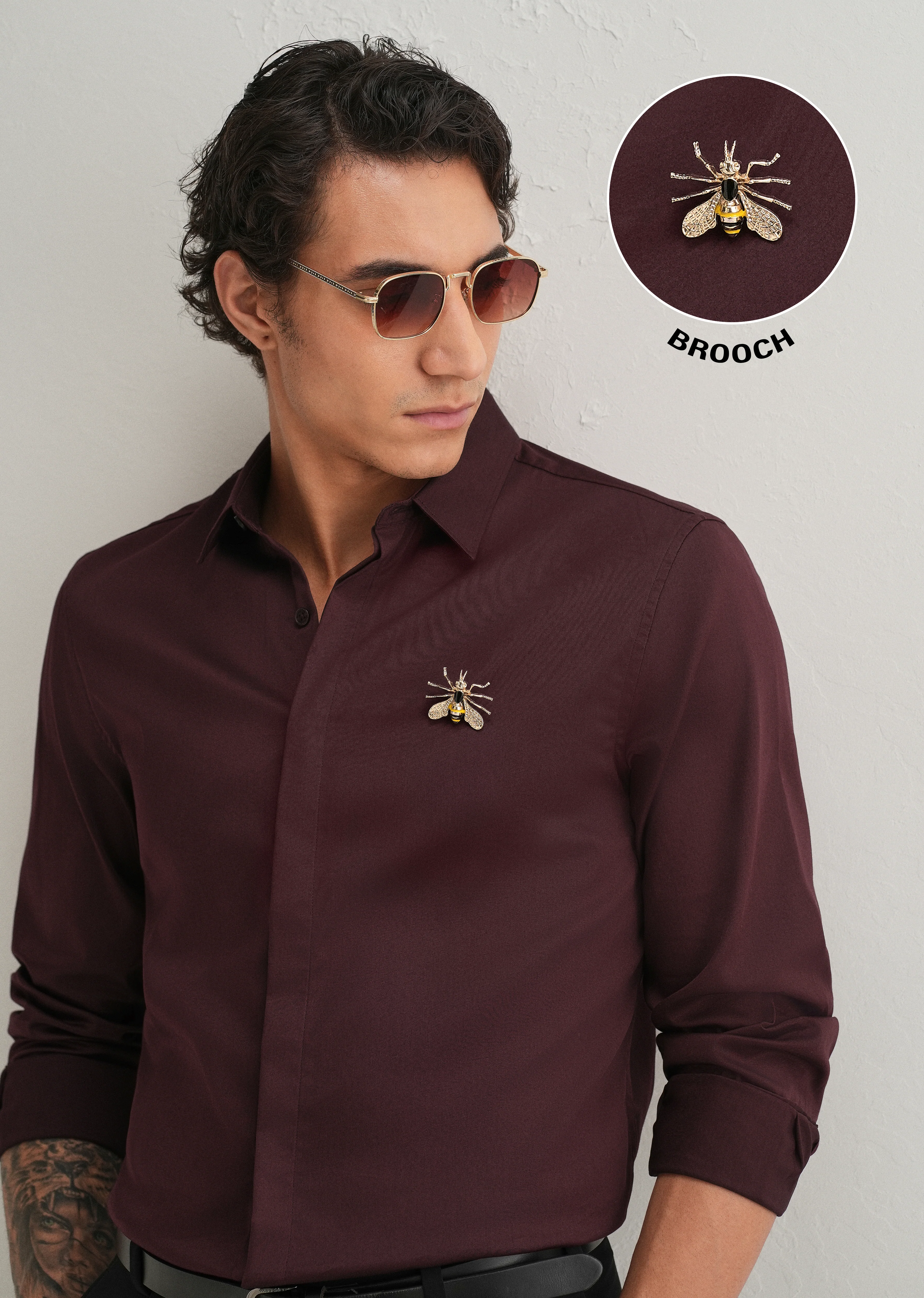 Honey Bee Brooch Wine Designer Shirt - Image 7