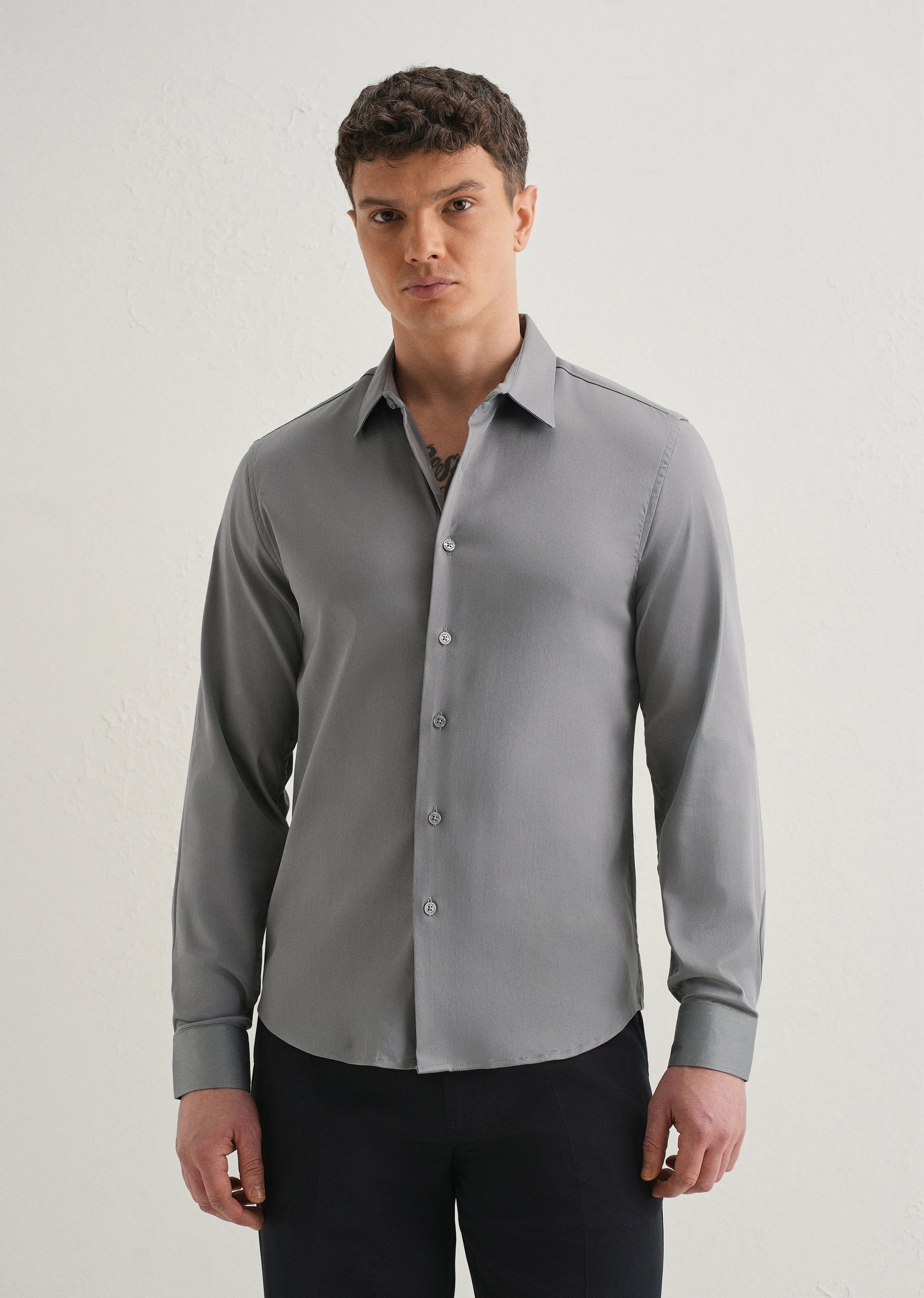 Hybrid Gray Plain Satin Shirt - Image 3