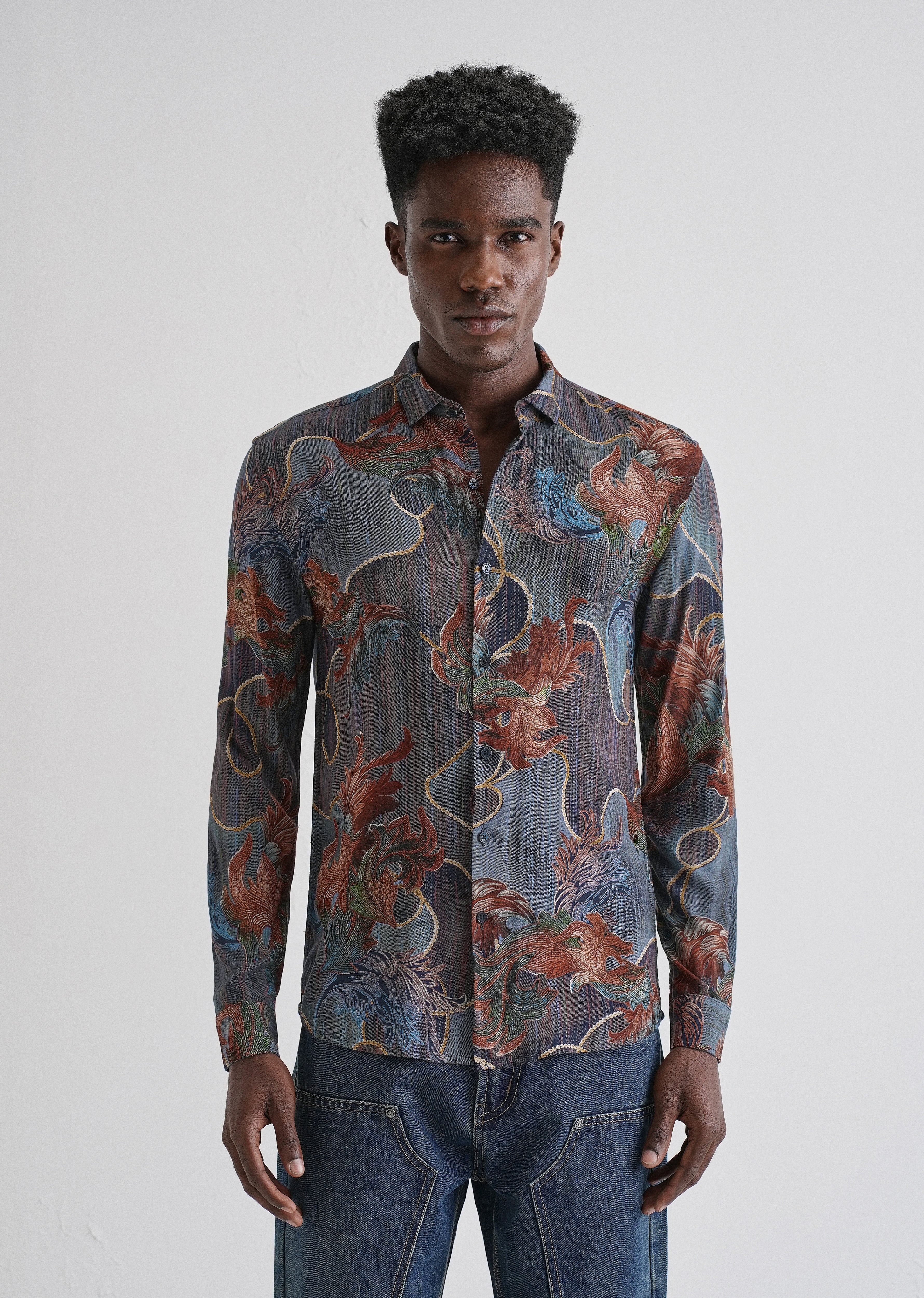 Indigenous Orange Print Feather Shirt - Image 2