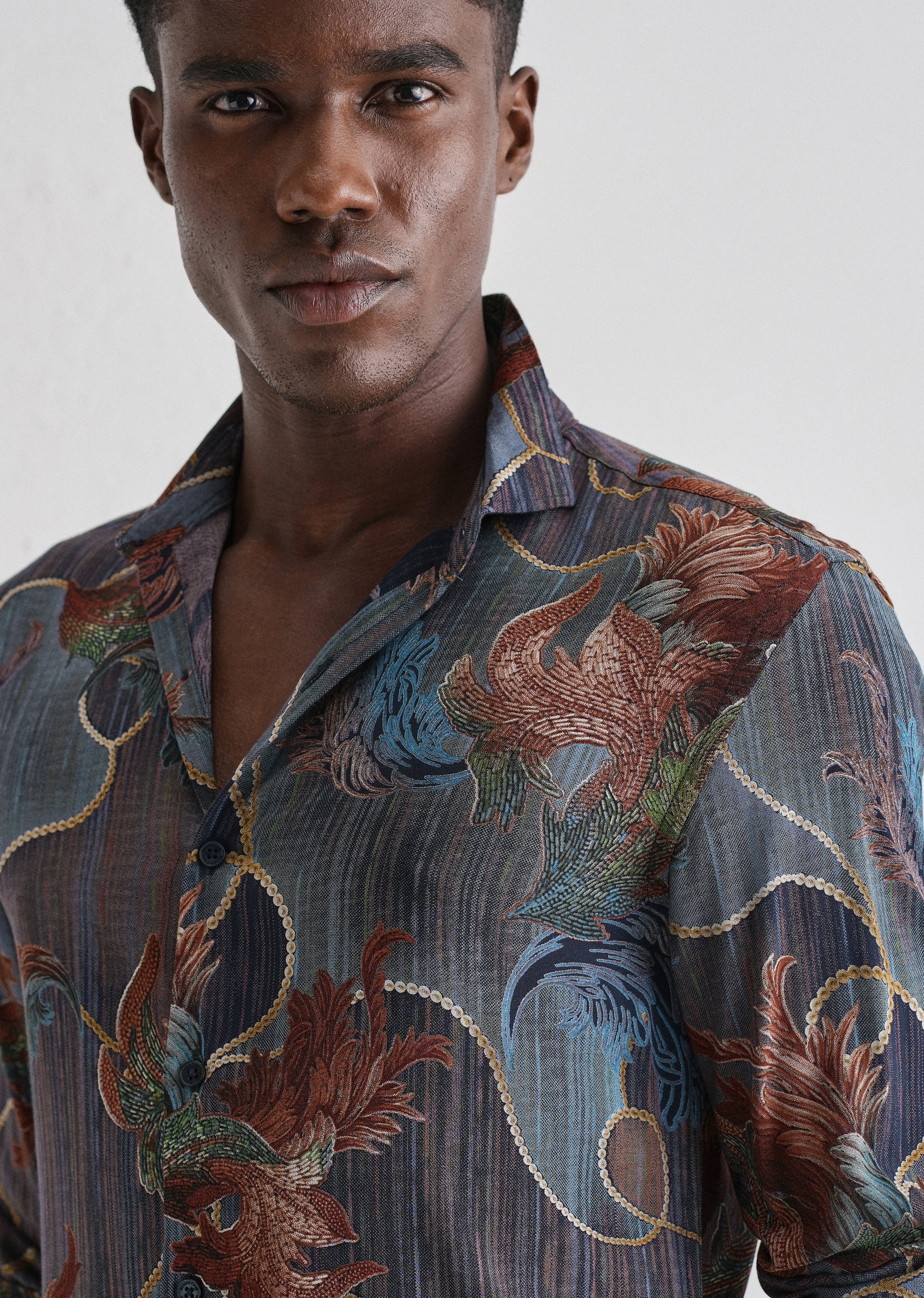 Indigenous Orange Print Feather Shirt - Image 5