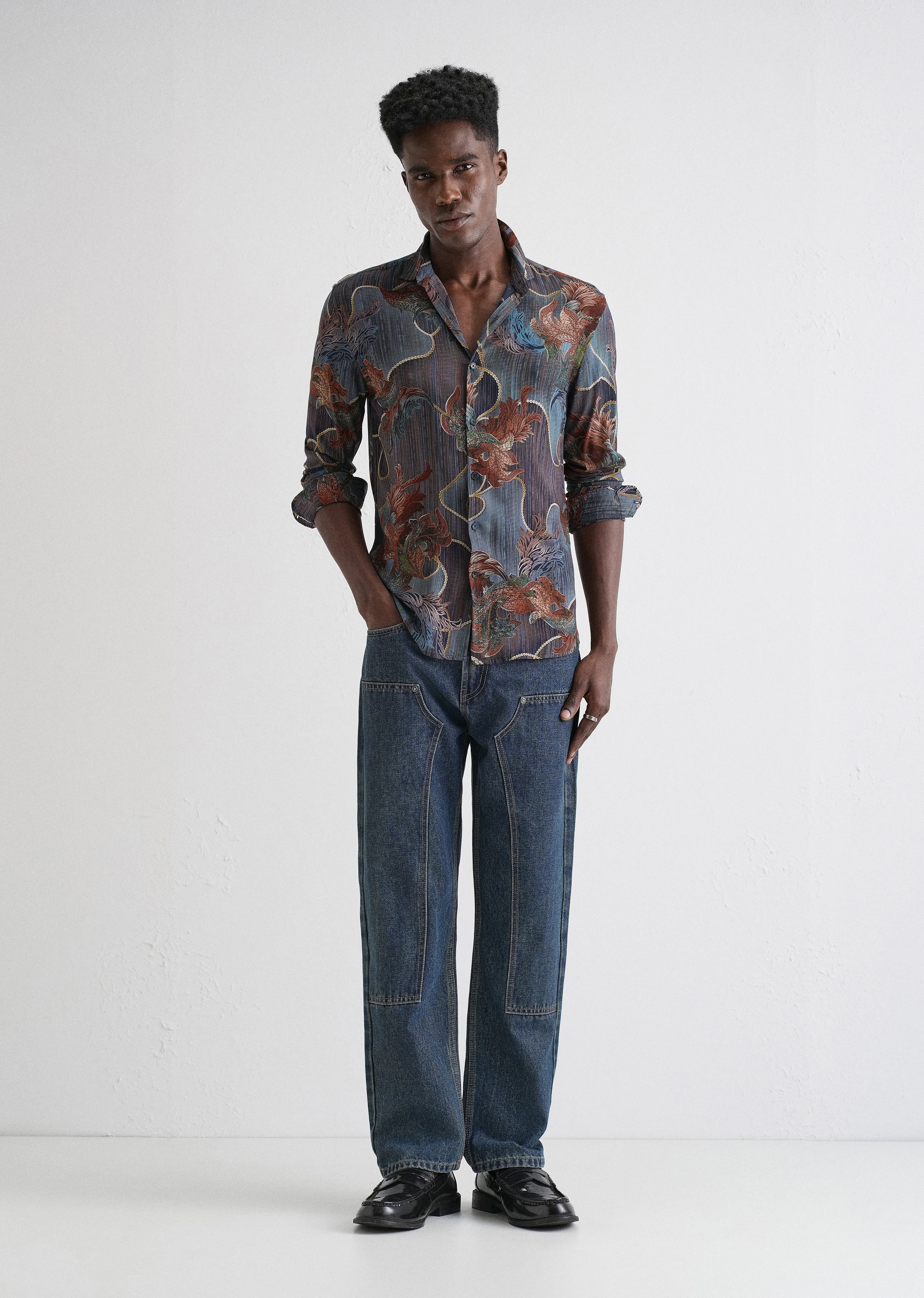 Indigenous Orange Print Feather Shirt - Image 6