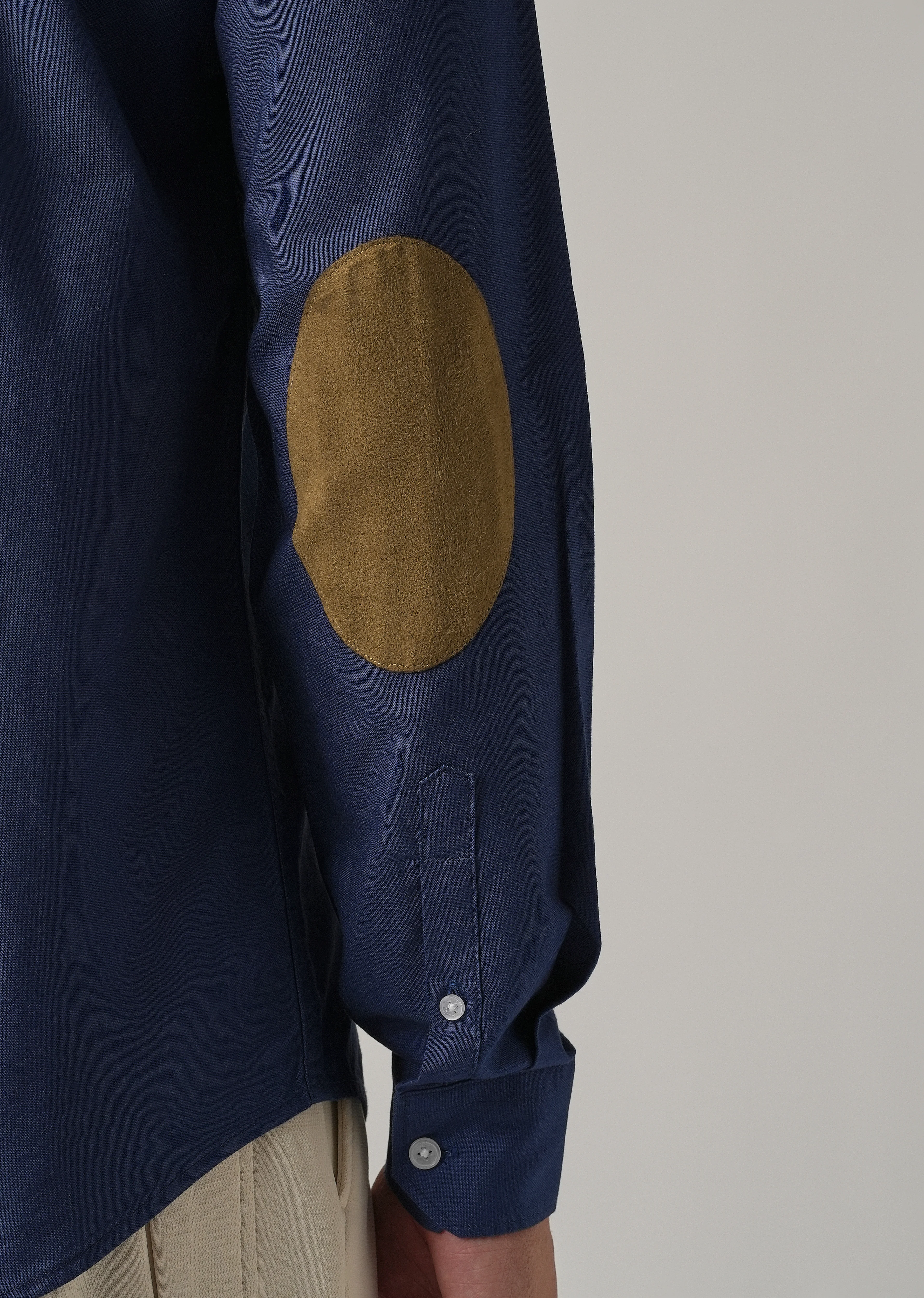 Indigo Blue Plain Elbow Patch Oxford Shirt - Image 2