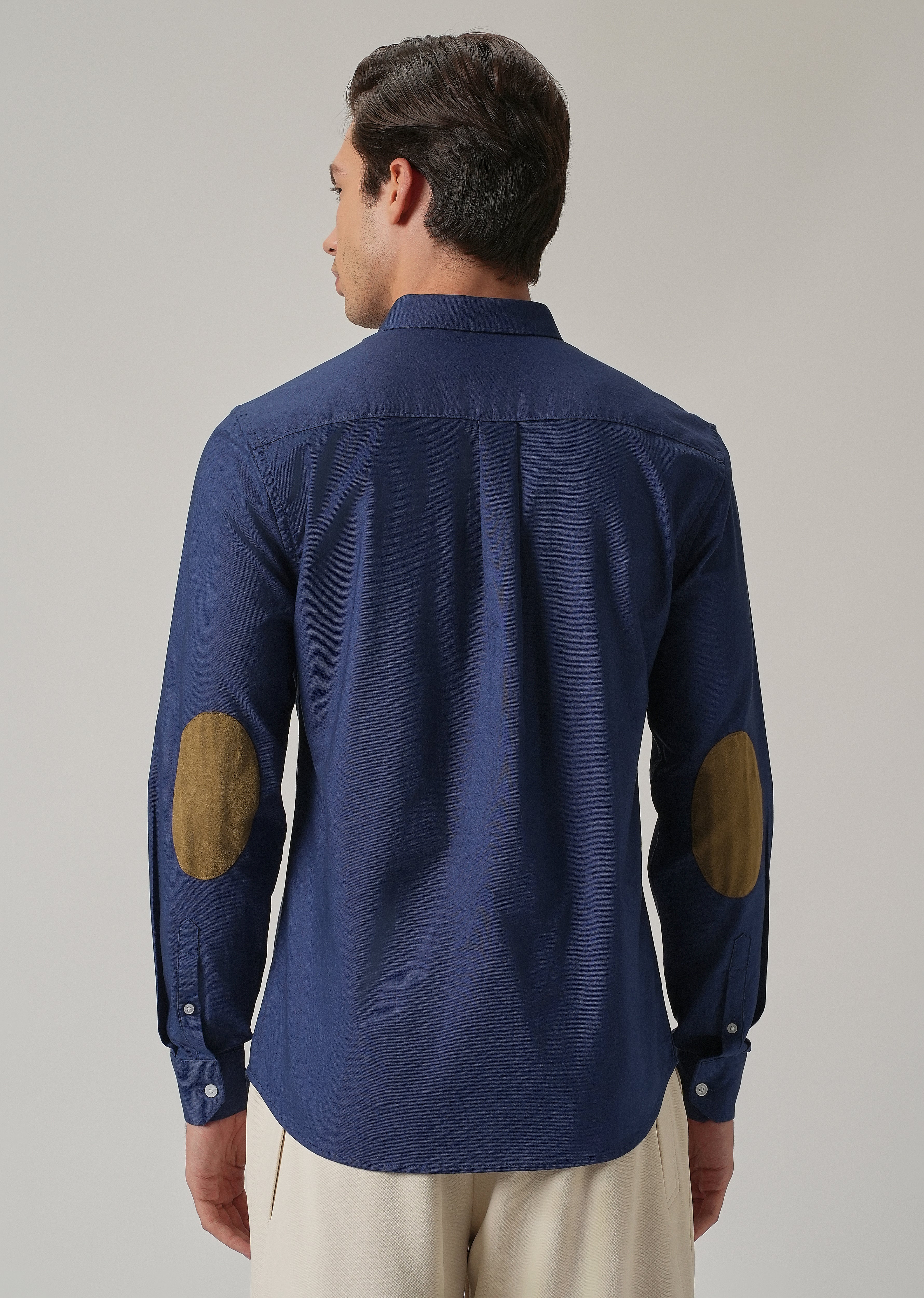 Indigo Blue Plain Elbow Patch Oxford Shirt - Image 3