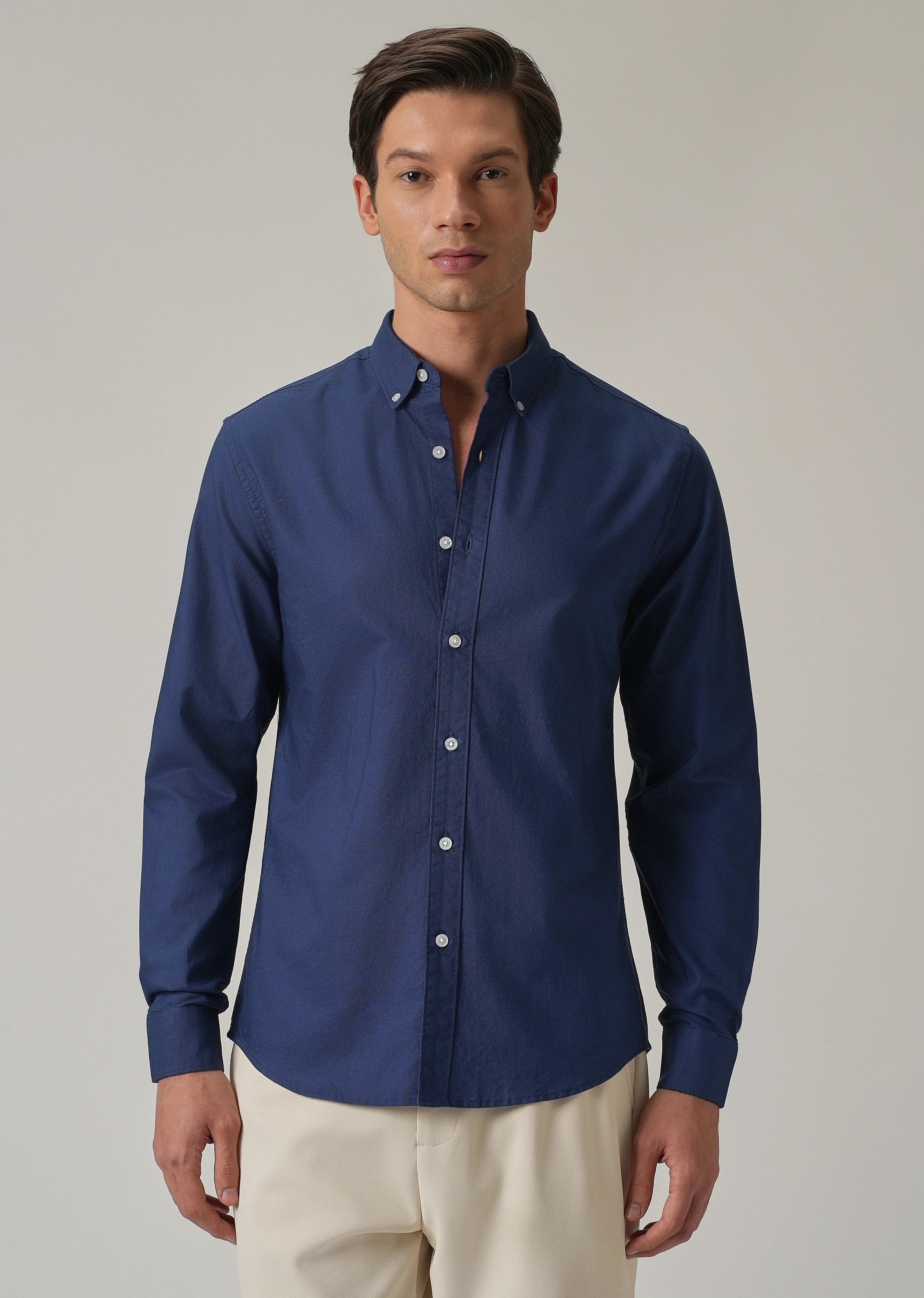 Indigo Blue Plain Elbow Patch Oxford Shirt - Image 4