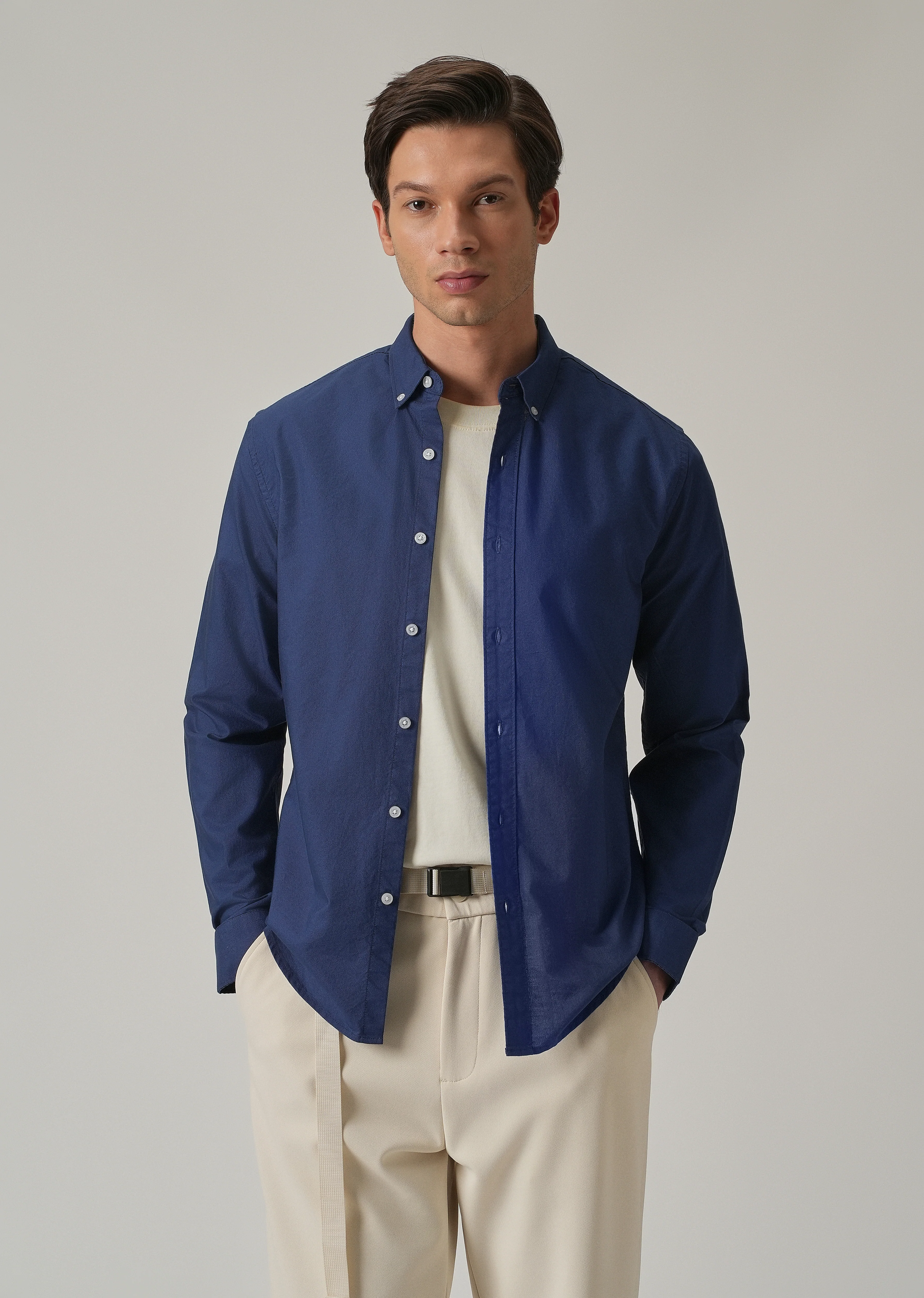 Indigo Blue Plain Elbow Patch Oxford Shirt - Image 6