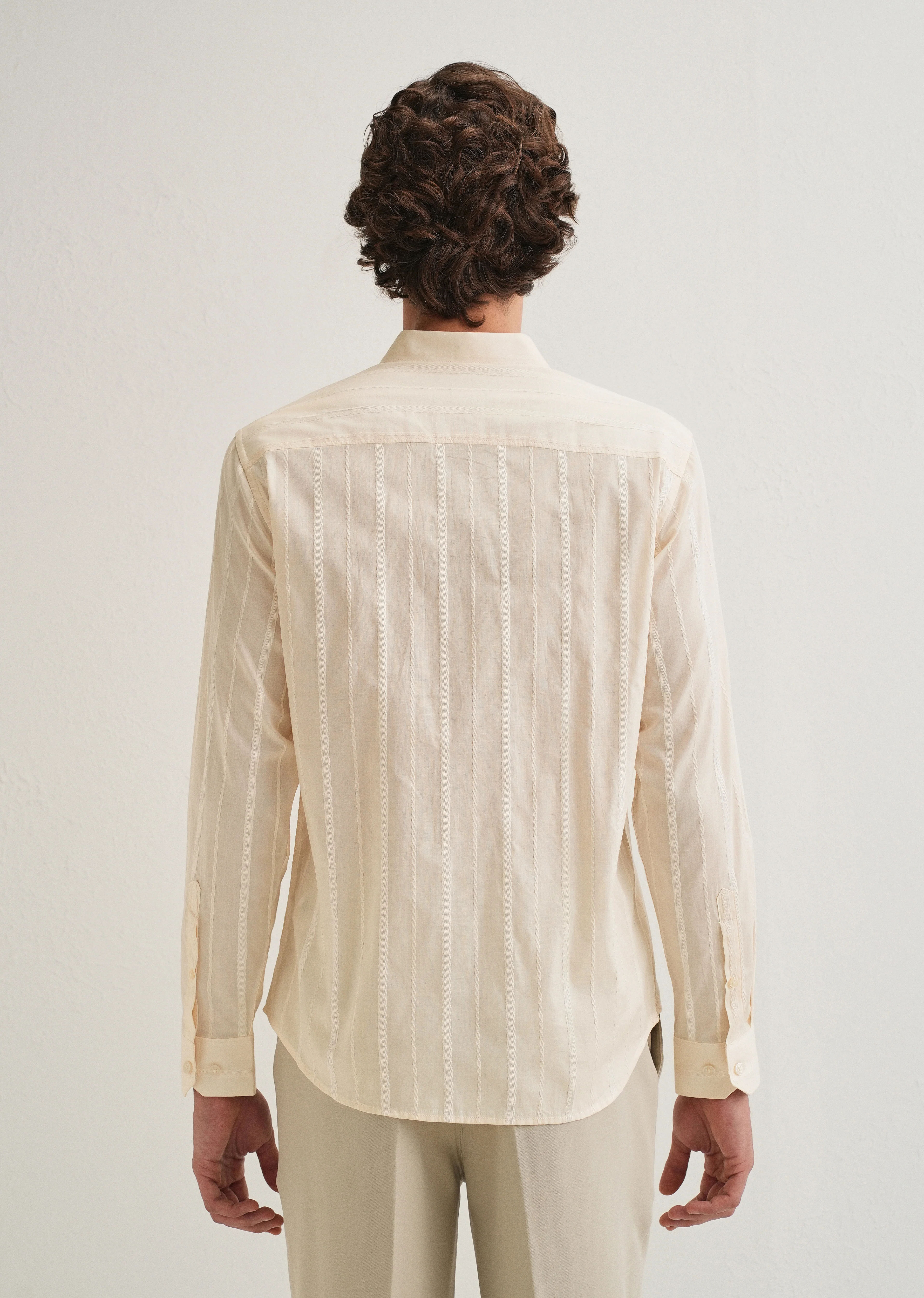 Ivory Beige Herringbone Pattern Shirt - Image 2