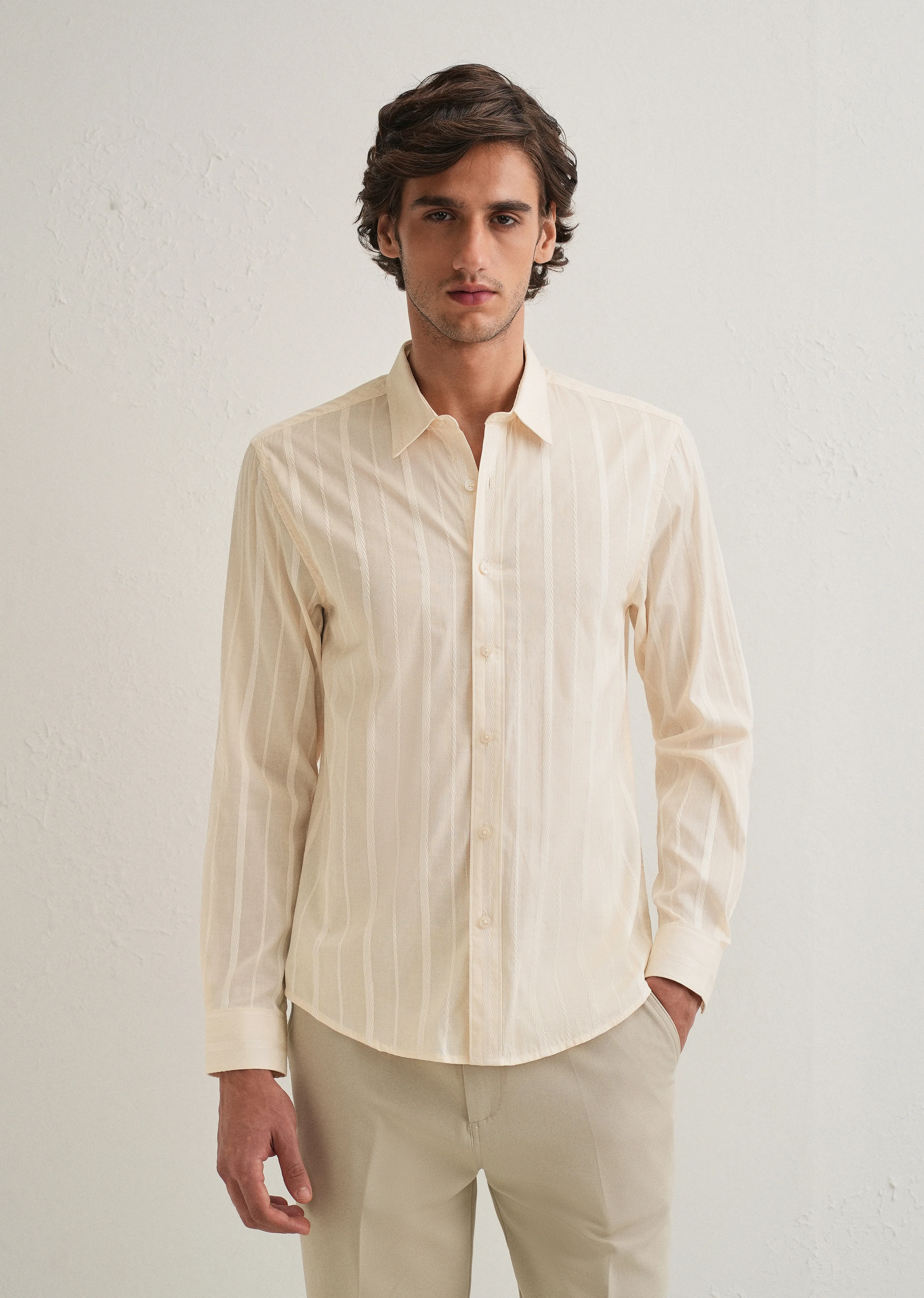 Ivory Beige Herringbone Pattern Shirt - Image 3
