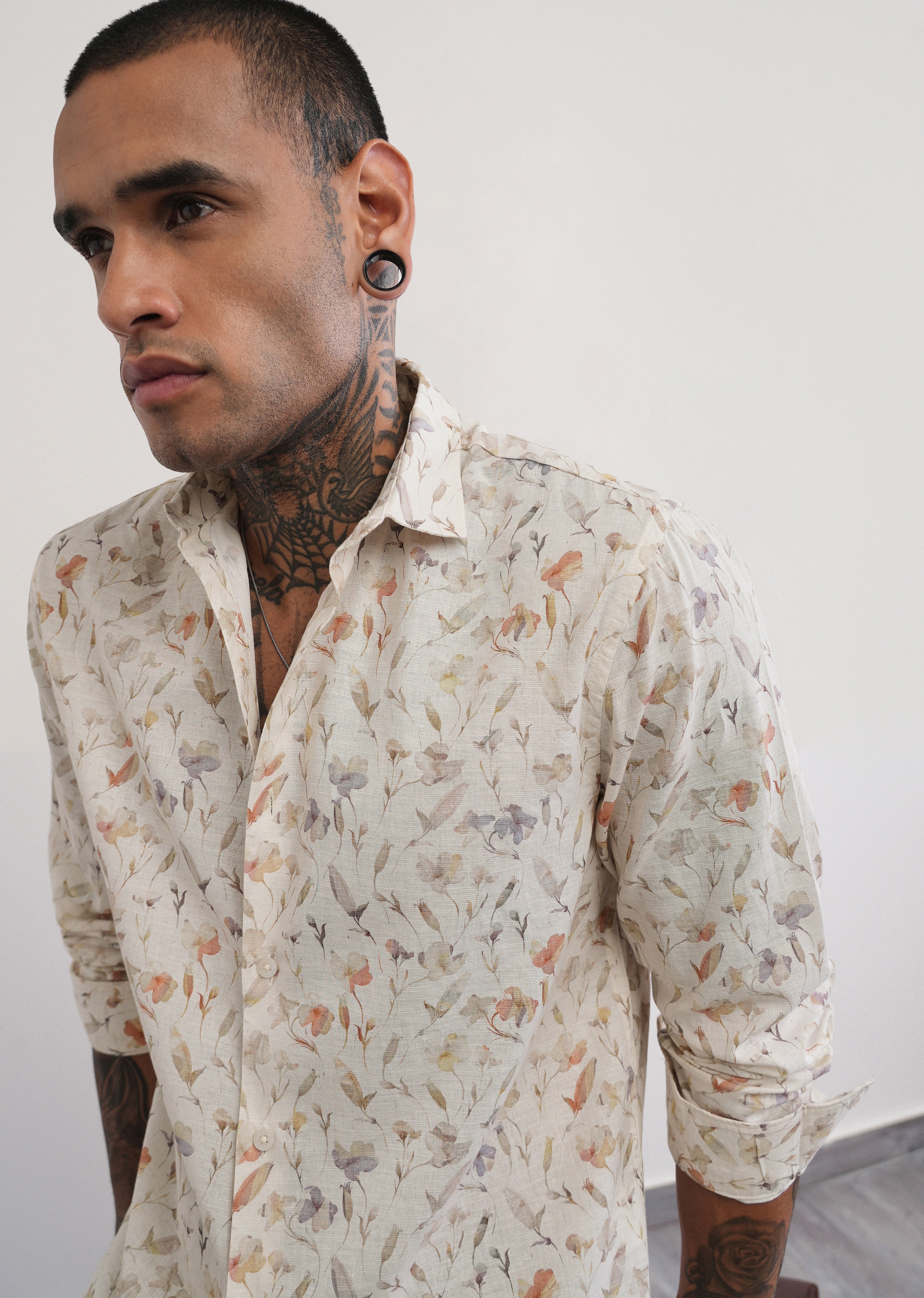 Ivory Botanical Print Cotton Linen Shirt - Image 5