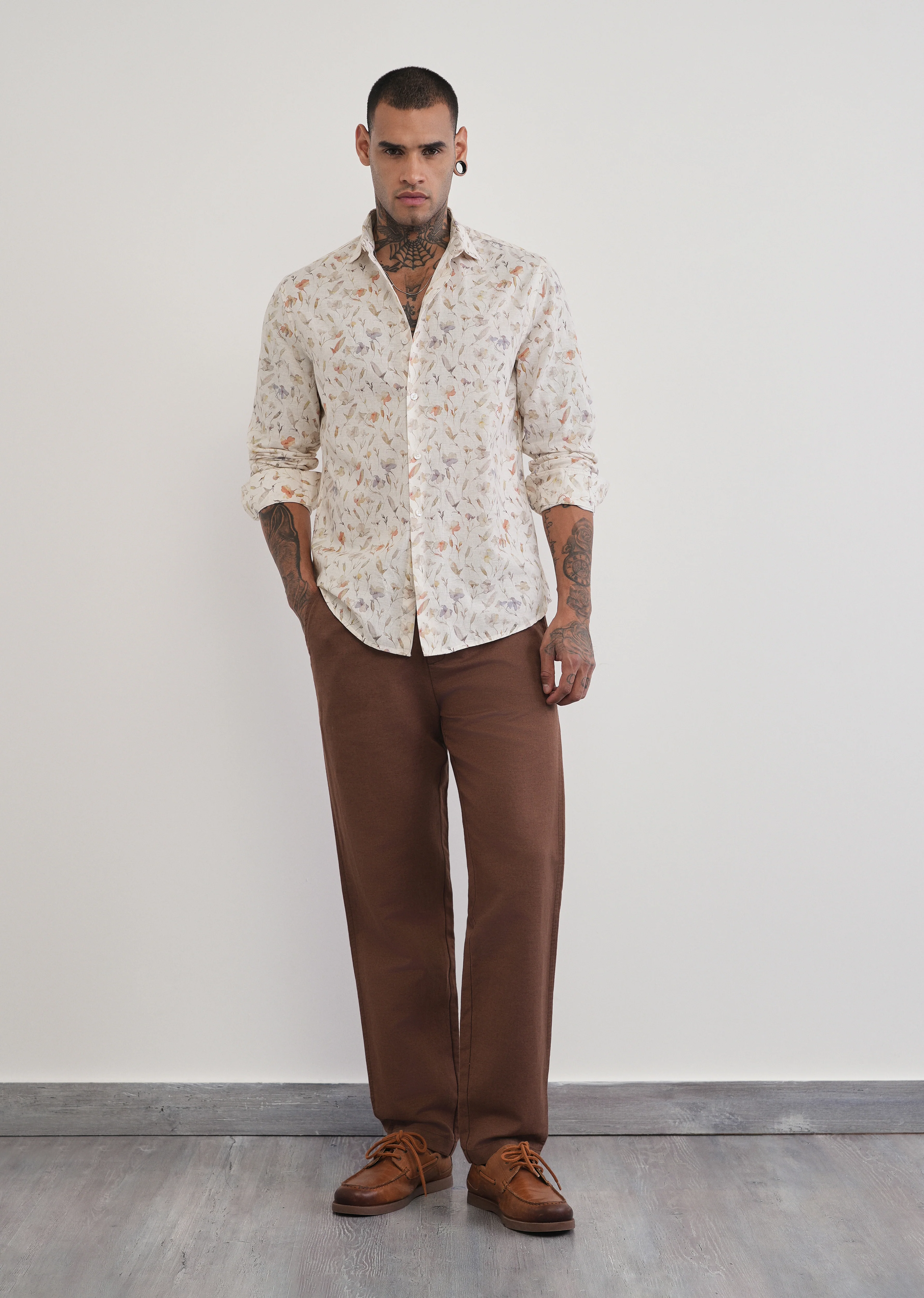 Ivory Botanical Print Cotton Linen Shirt - Image 6