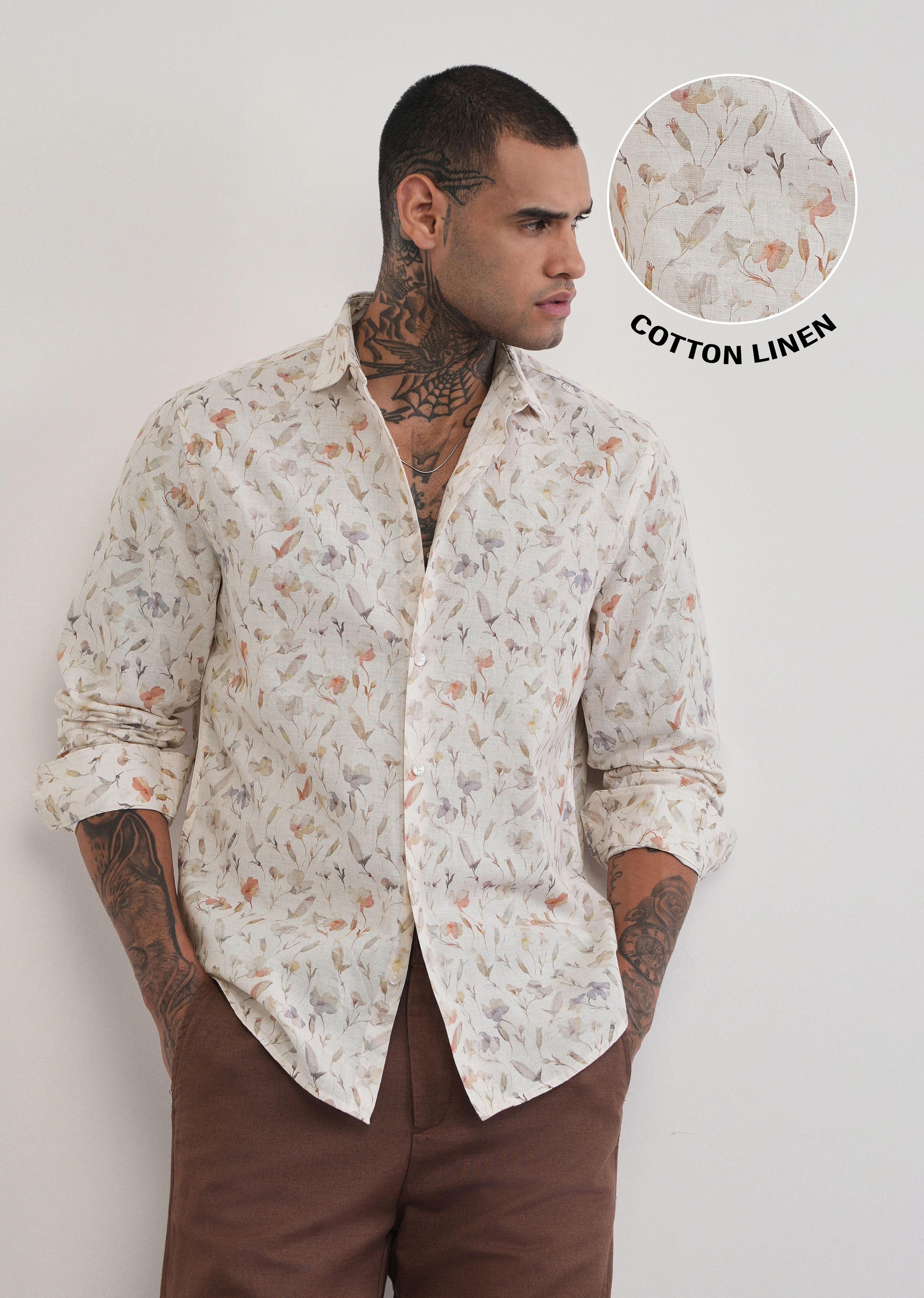 Ivory Botanical Print Cotton Linen Shirt - Image 7
