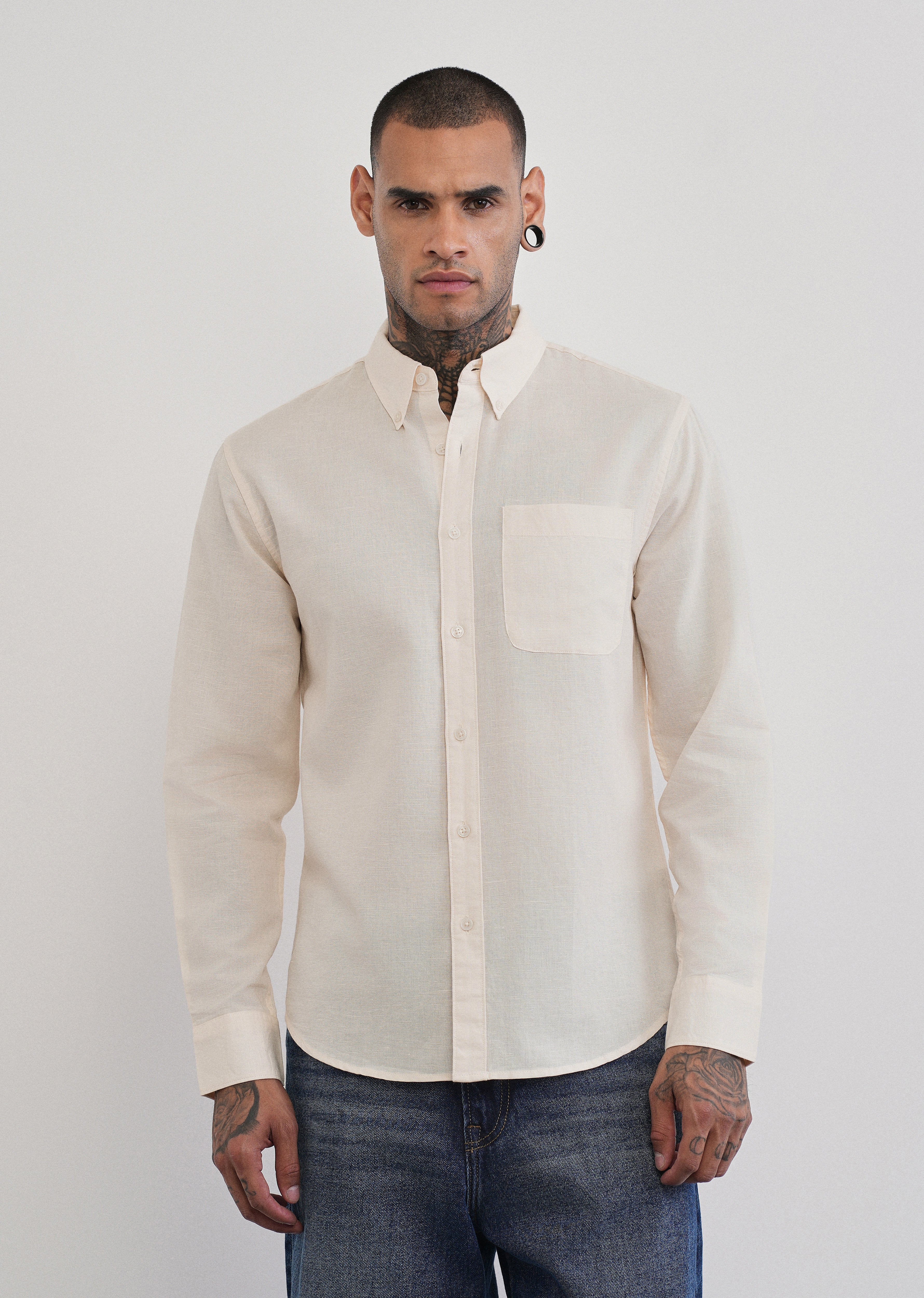 Ivory Cotton Linen Plain Shirt - Image 3