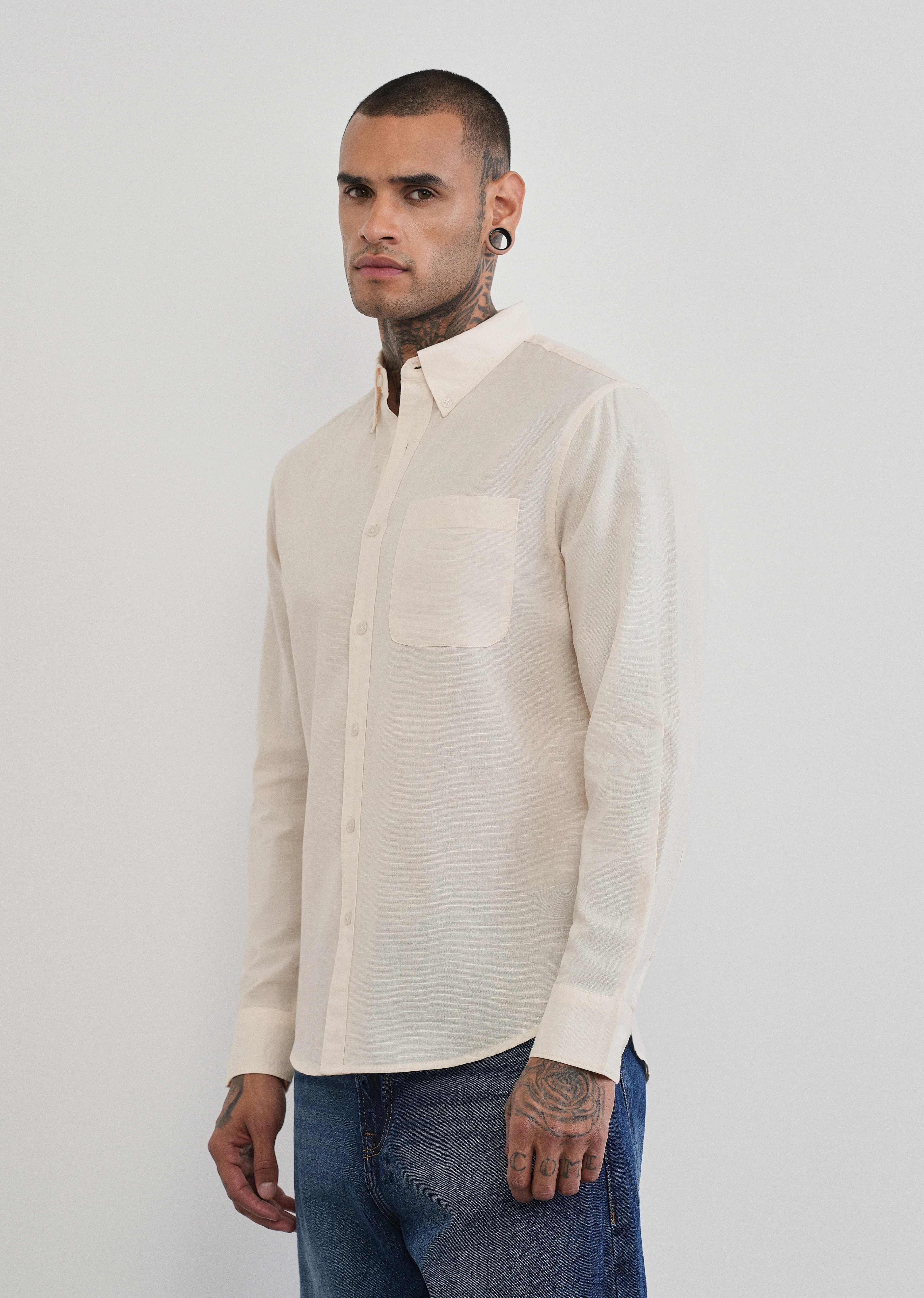 Ivory Cotton Linen Plain Shirt - Image 4