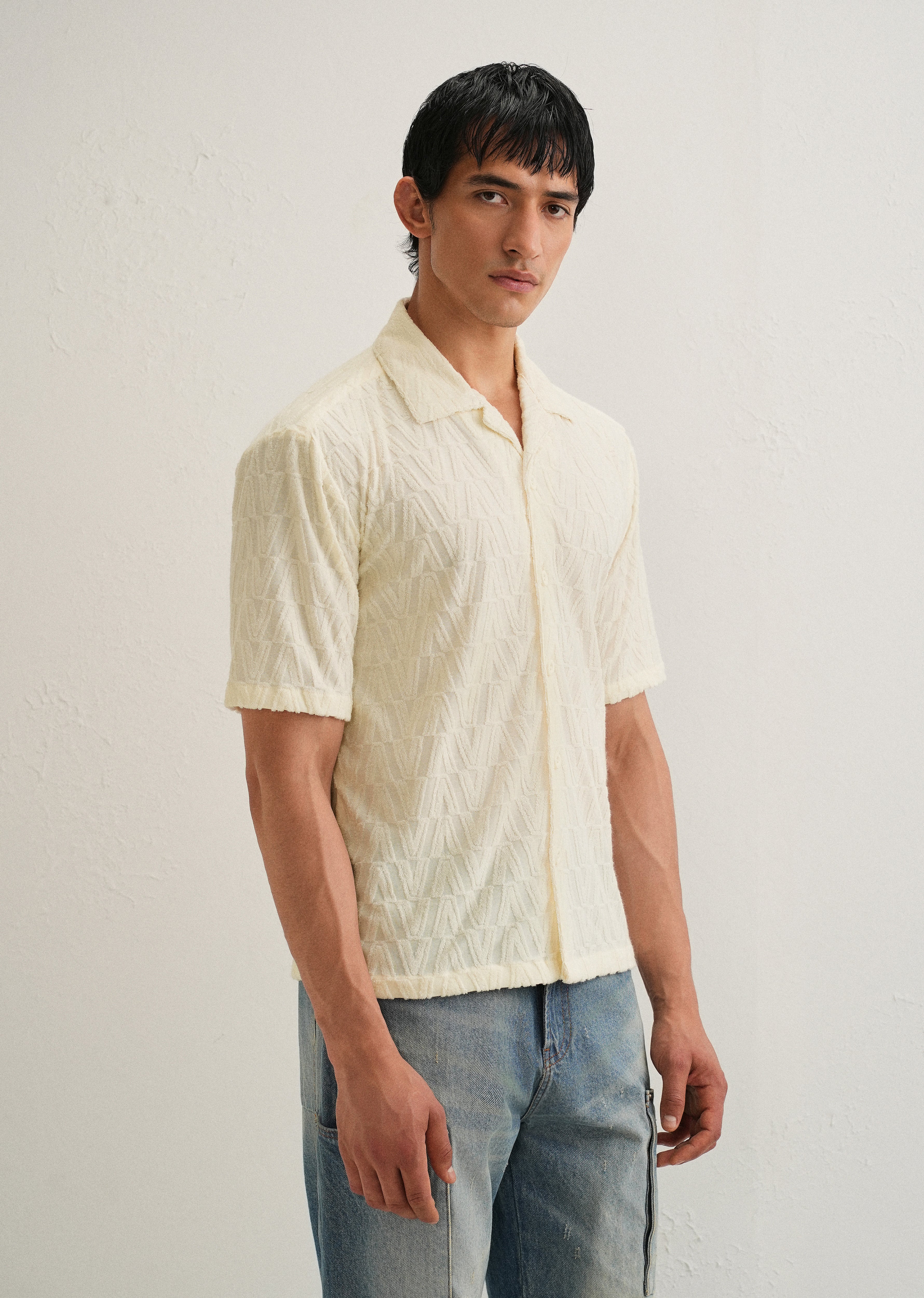 Ivory Cream Jacquard Knitted Shirt - Image 4