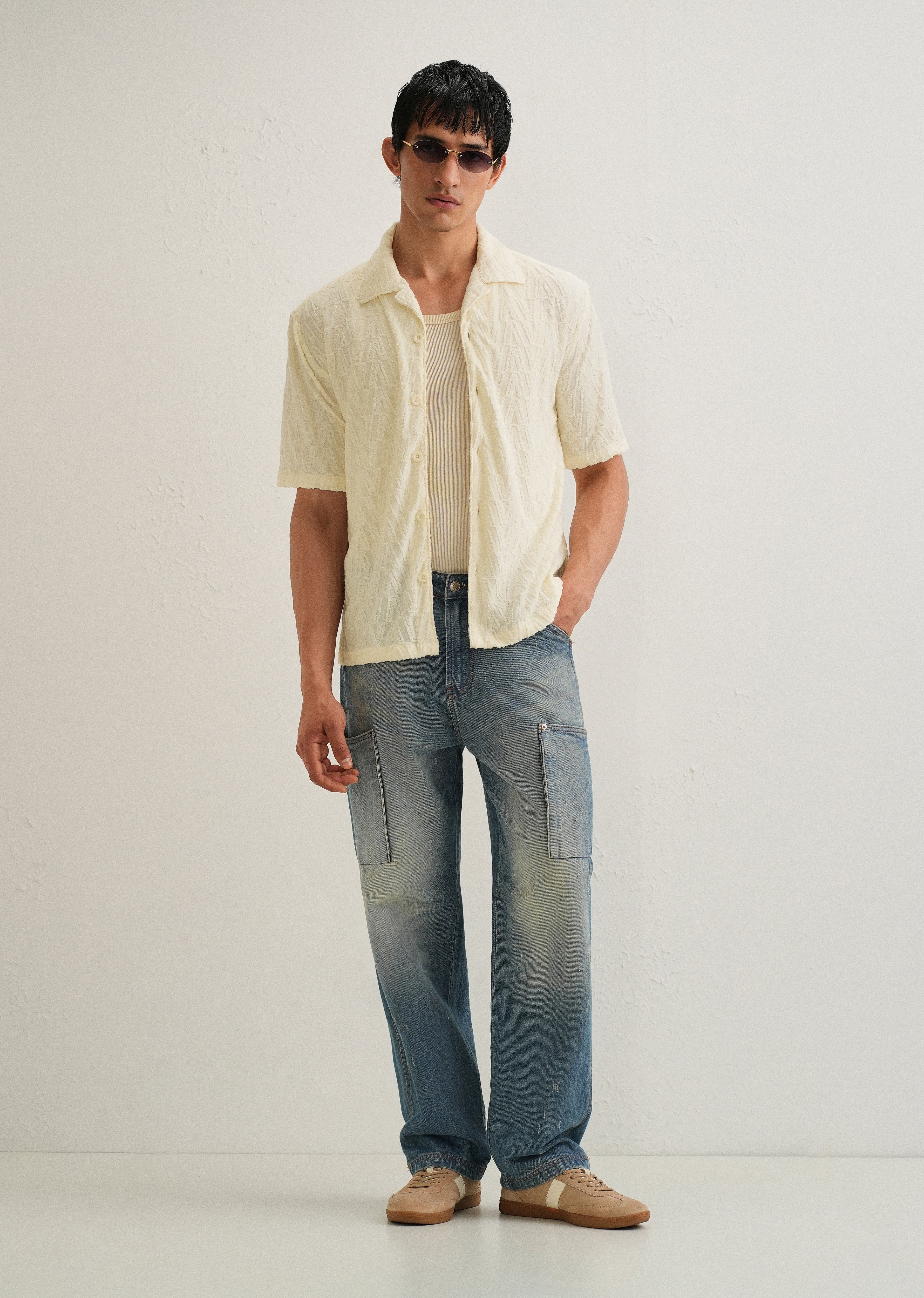 Ivory Cream Jacquard Knitted Shirt - Image 6
