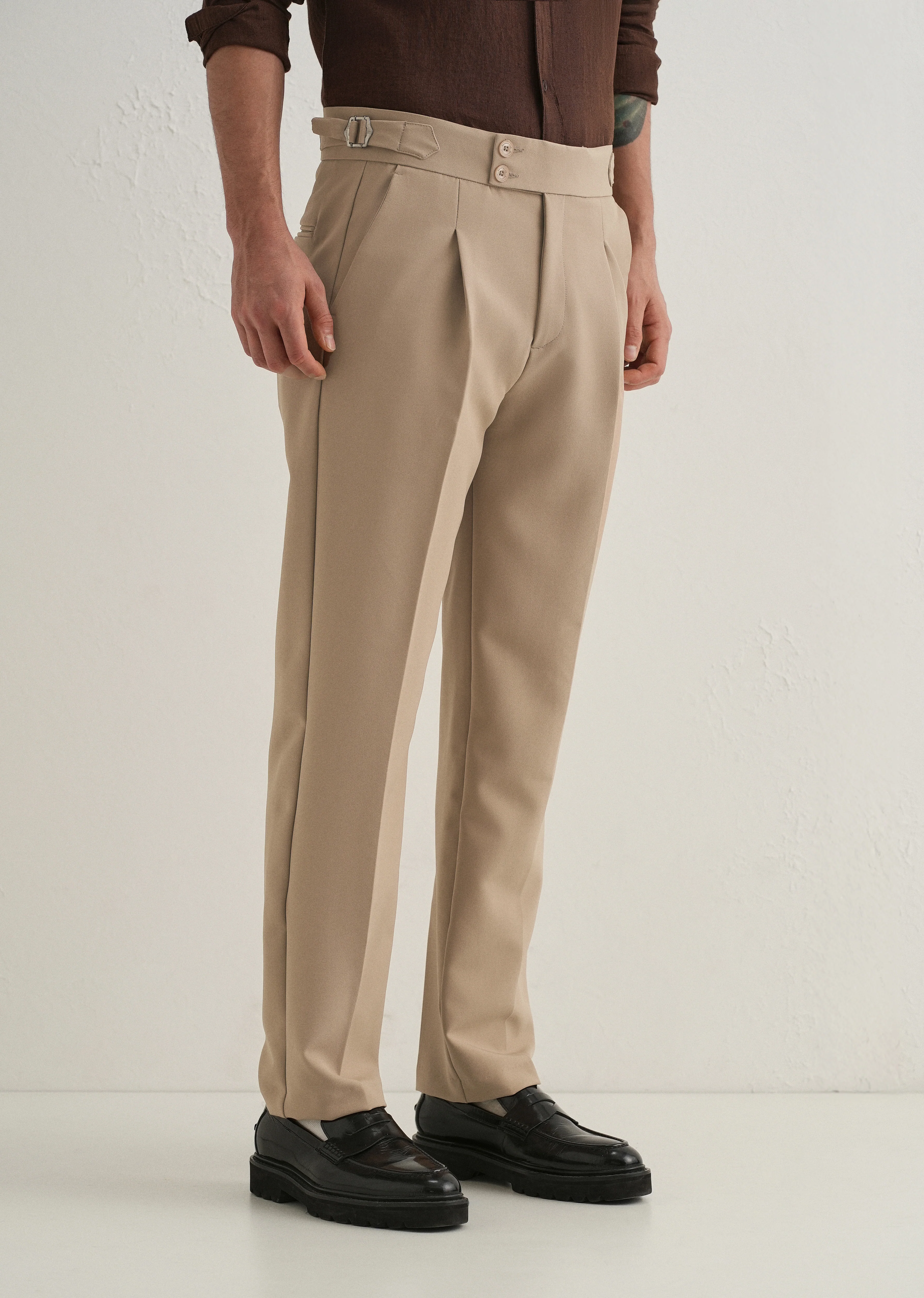 Khaki Beige Pleated Gurkha Pant - Image 5