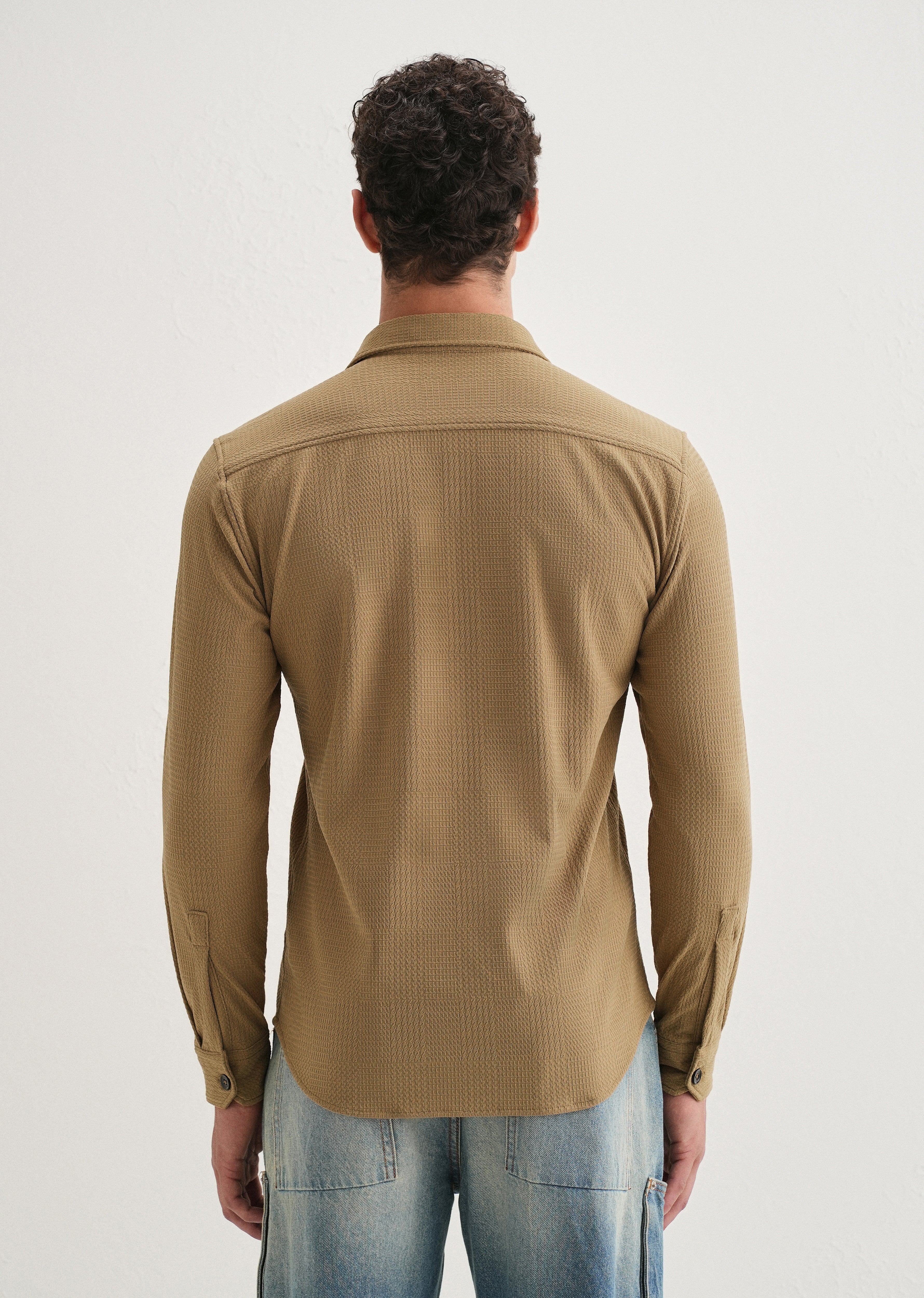 Khaki Grid Textured Knit Shirt - Image 2