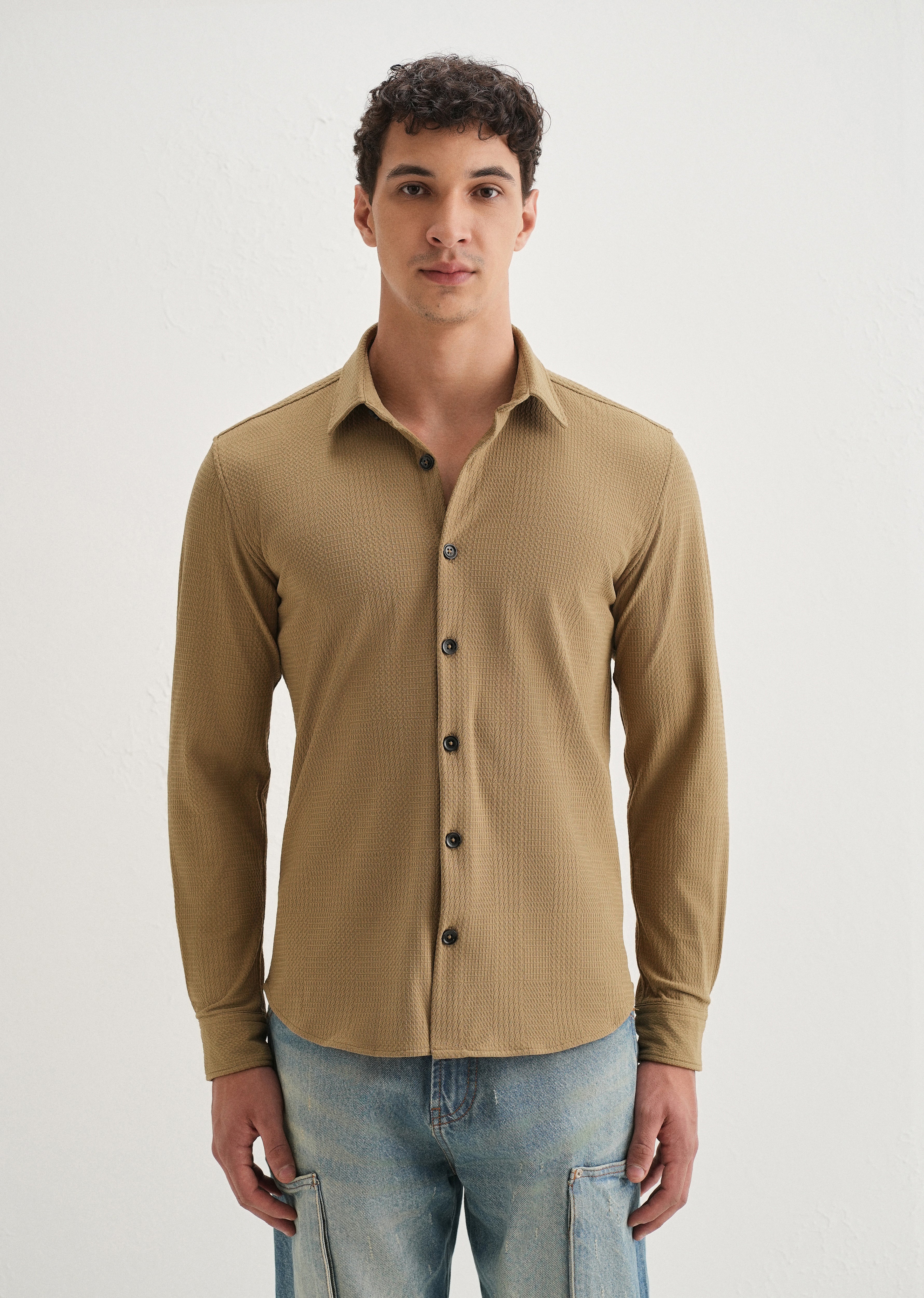 Khaki Grid Textured Knit Shirt - Image 3
