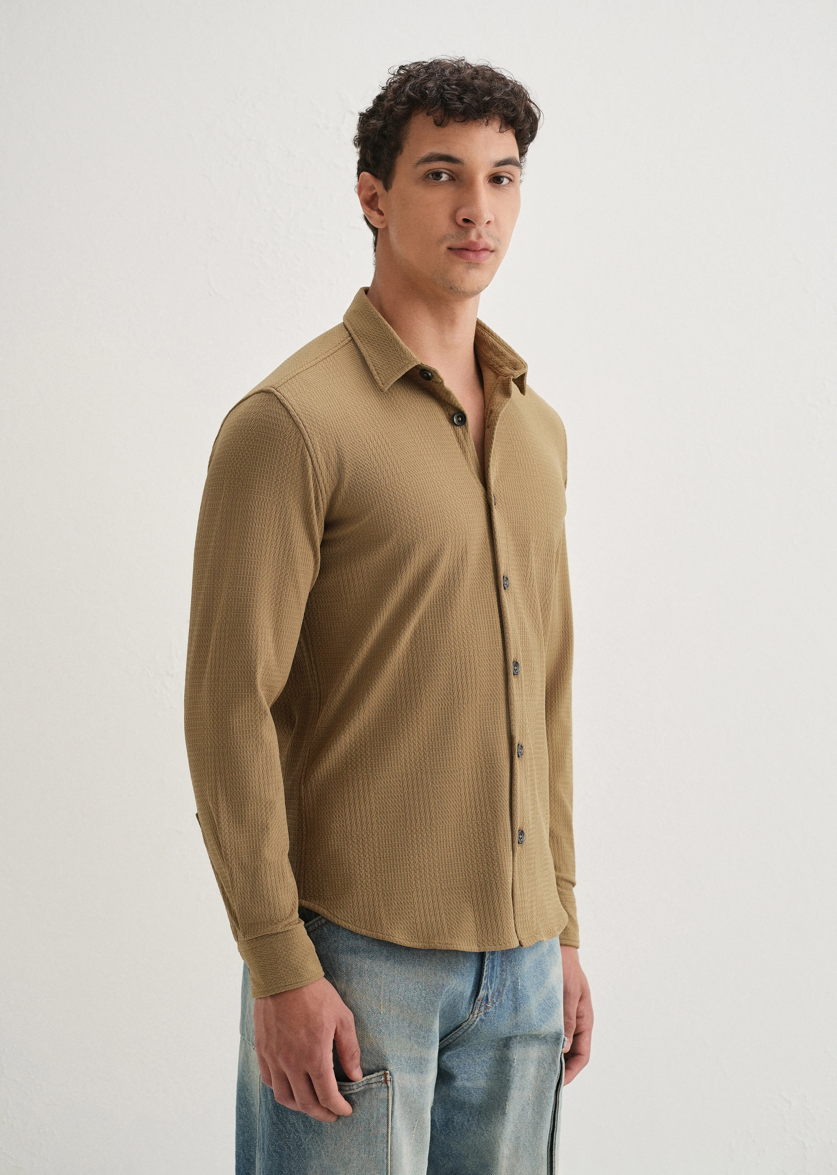 Khaki Grid Textured Knit Shirt - Image 4