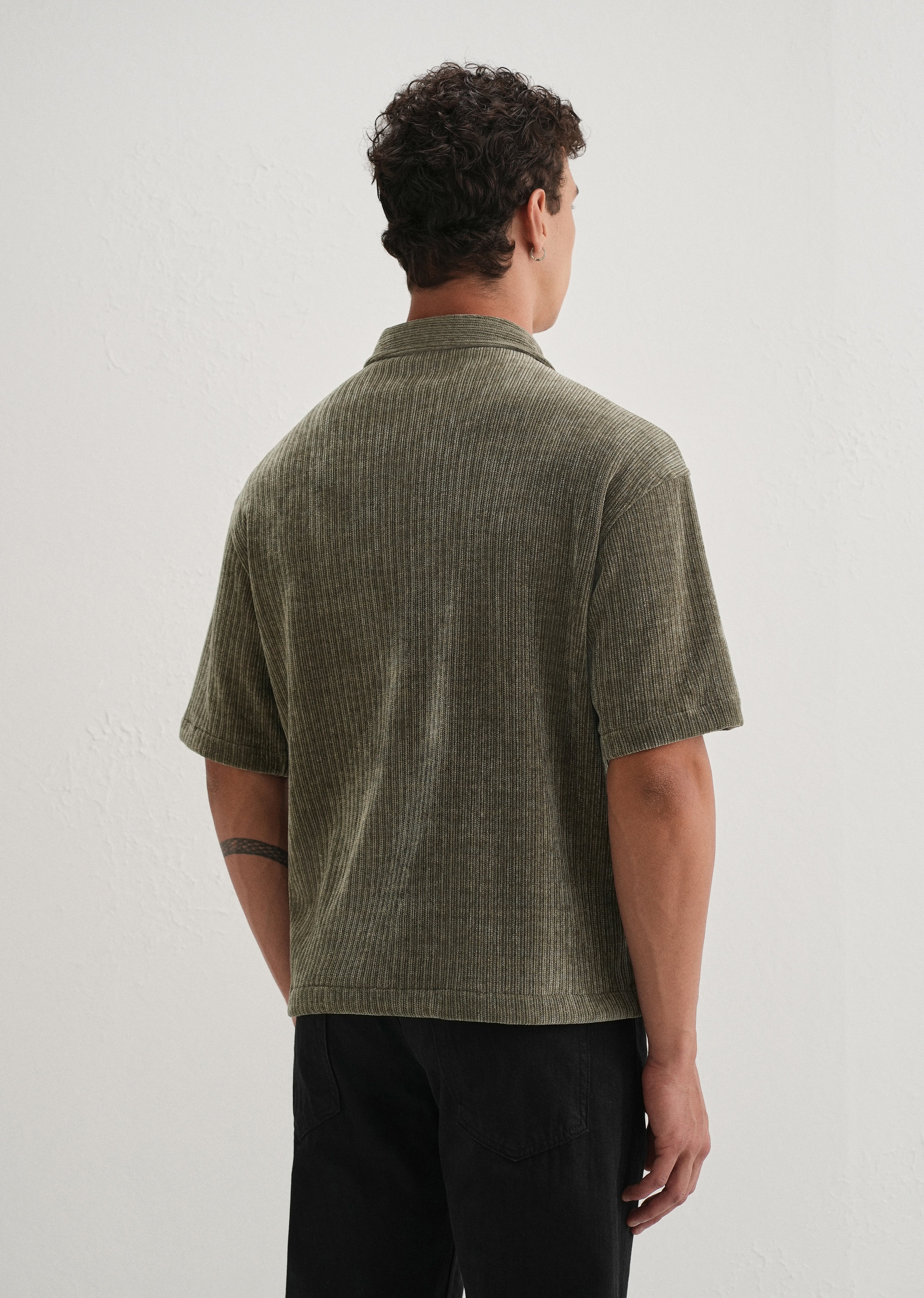 Khaki Olive Suede Knit Half Sleeve Shirt - Image 2