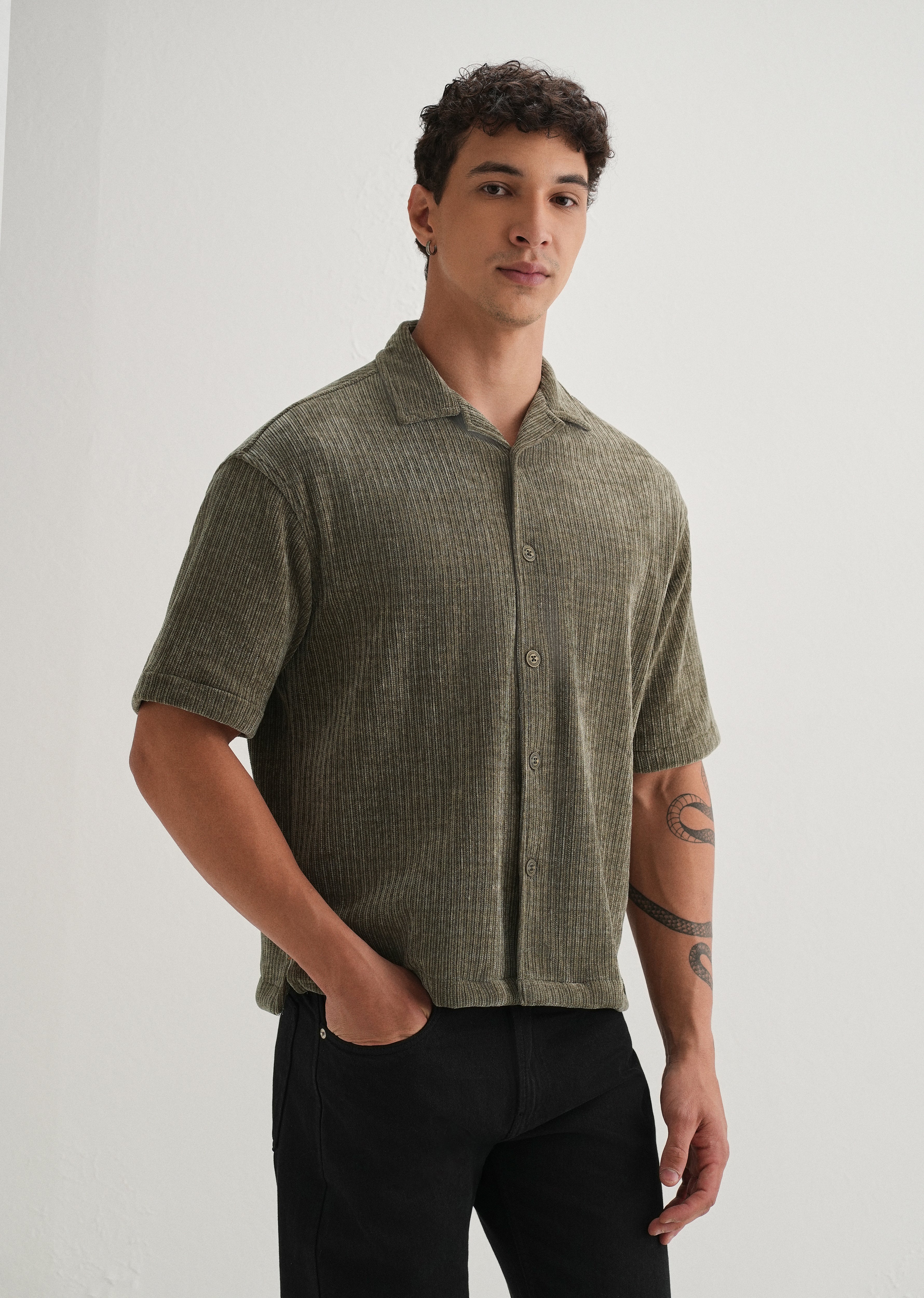 Khaki Olive Suede Knit Half Sleeve Shirt - Image 4