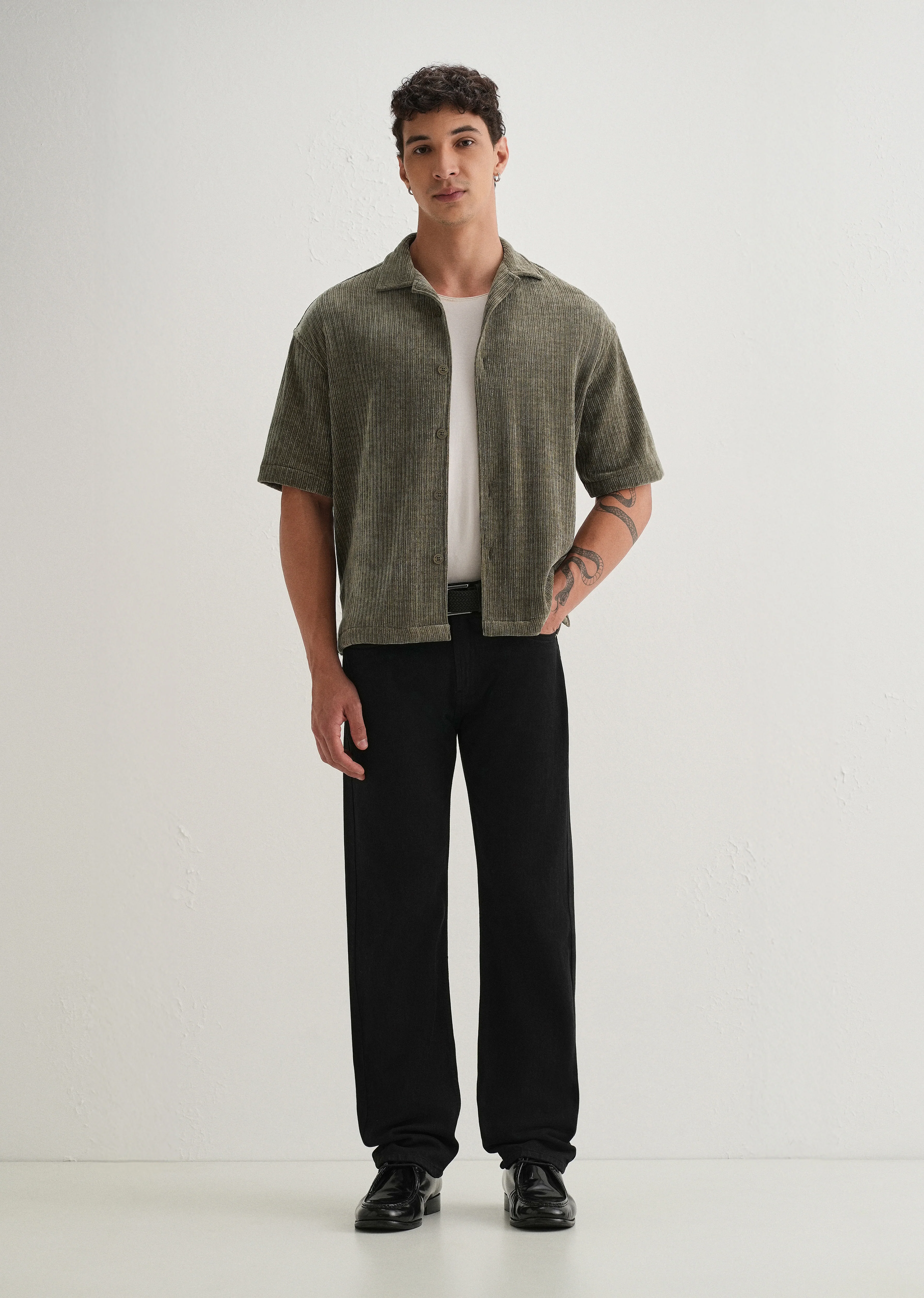 Khaki Olive Suede Knit Half Sleeve Shirt - Image 6