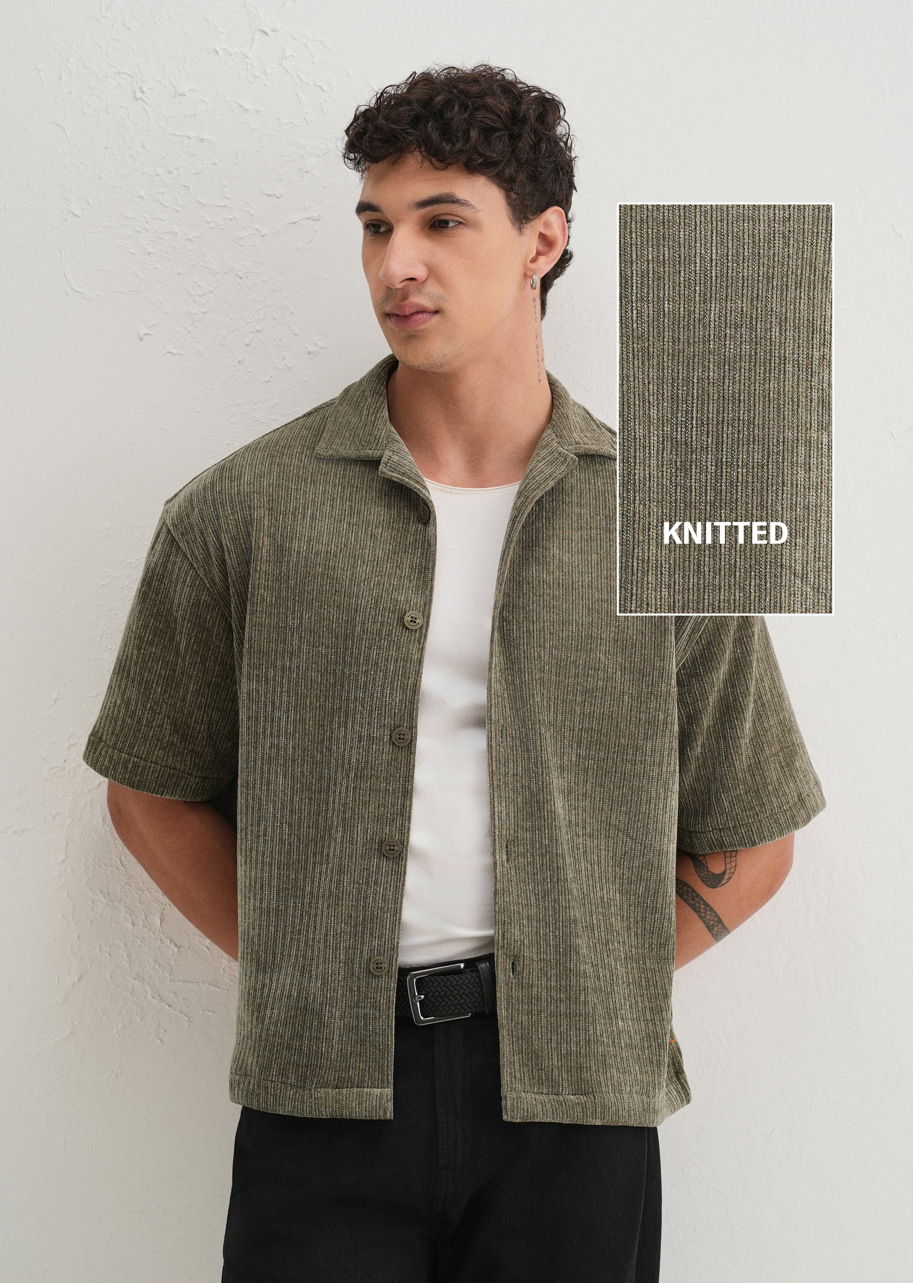 Khaki Olive Suede Knit Half Sleeve Shirt - Image 7