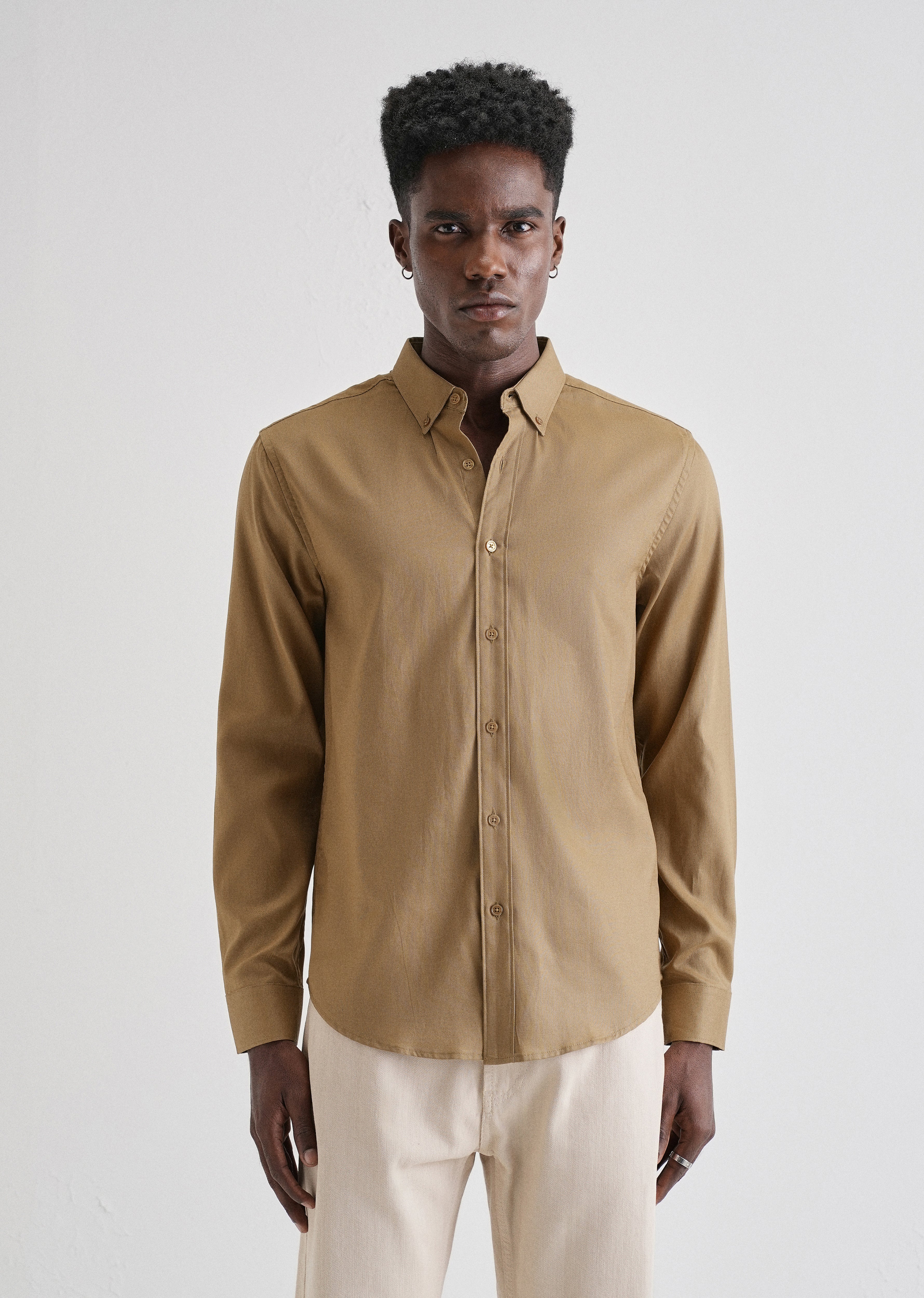 Khaki Plain Blended Cotton Regular Fit Shirt - Image 3