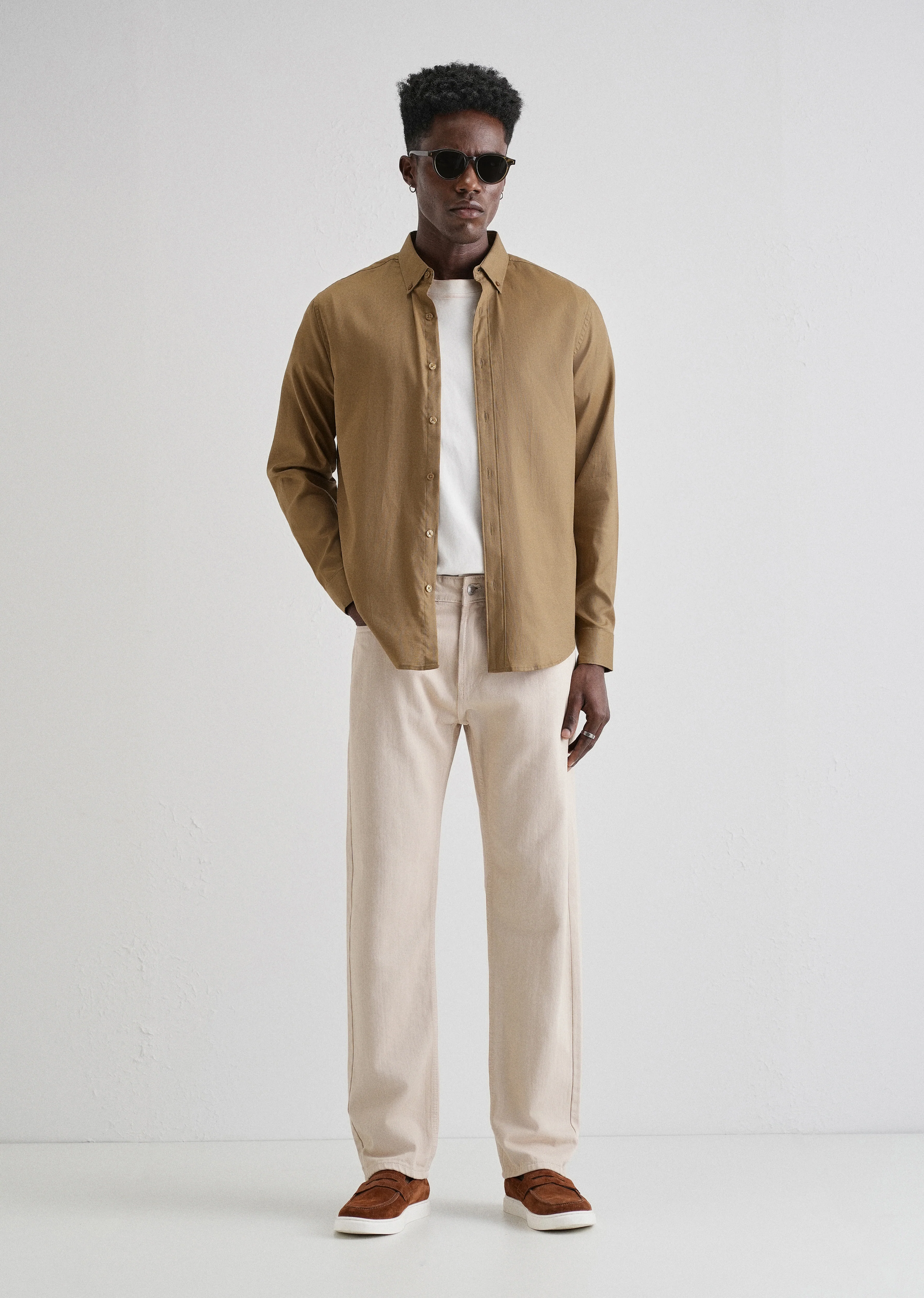 Khaki Plain Blended Cotton Regular Fit Shirt - Image 6