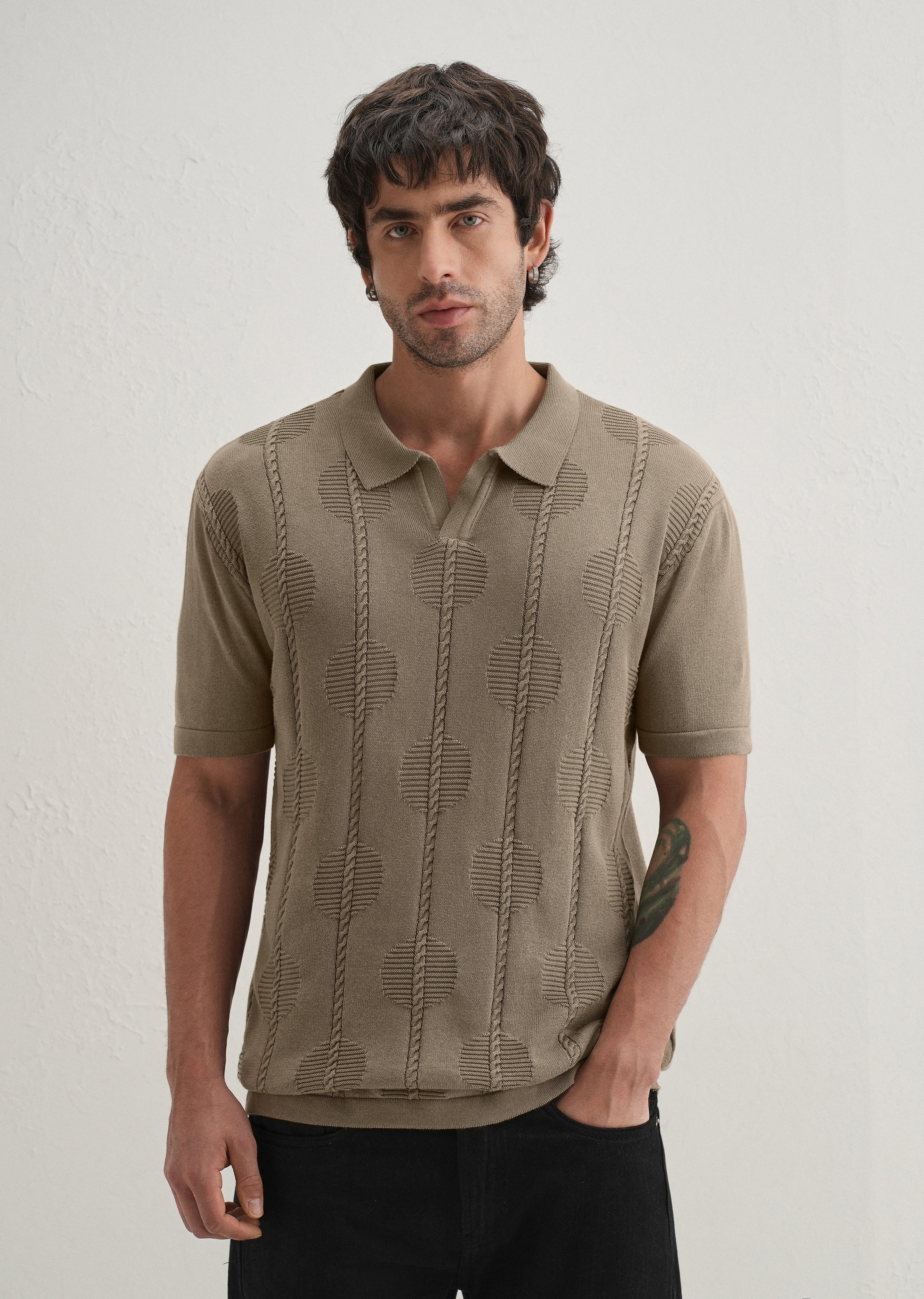 Knitted Taupe Beige Polo T-shirt - Image 3