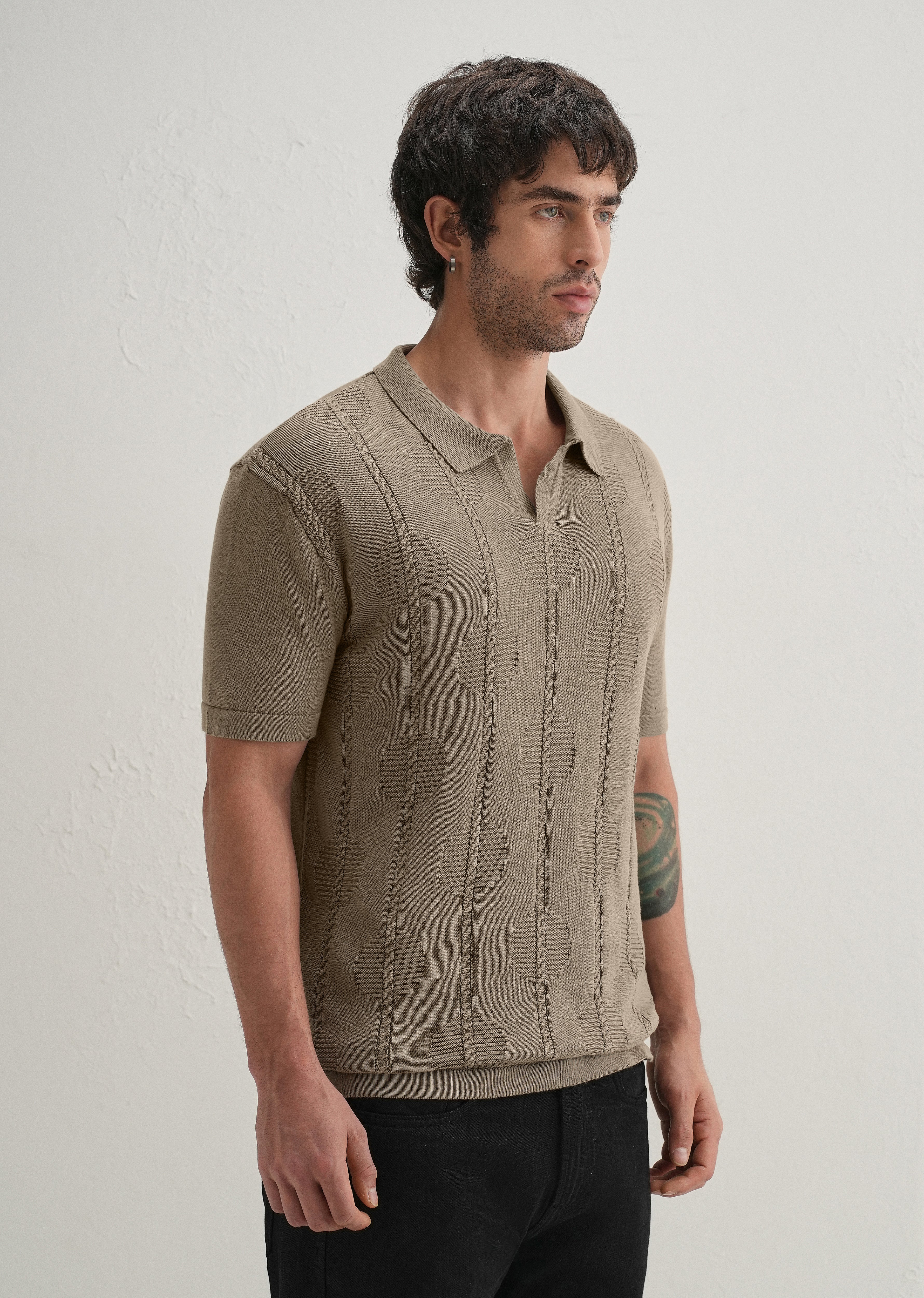 Knitted Taupe Beige Polo T-shirt - Image 4